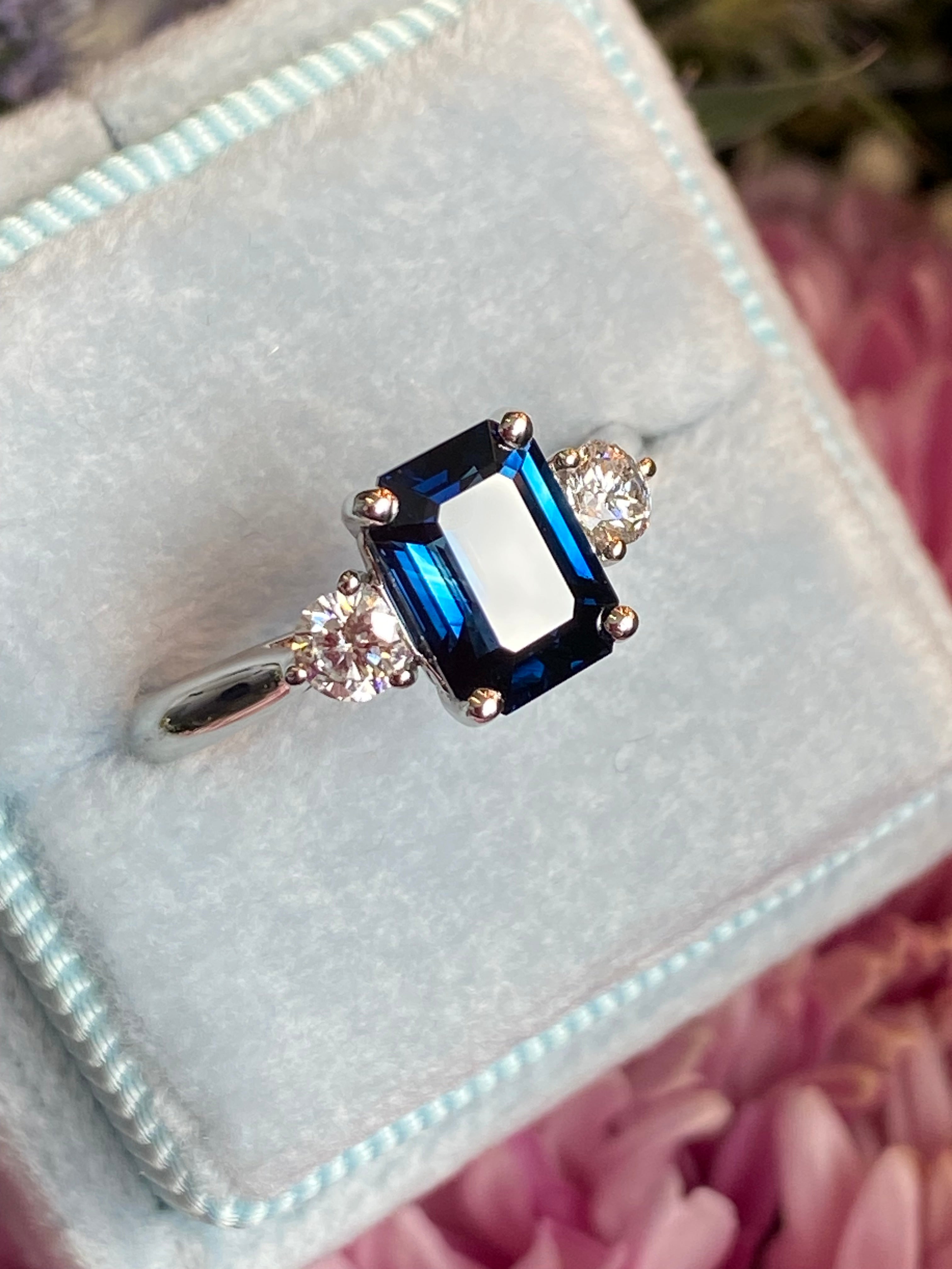 2.04 Carat Teal Sapphire and 0.29 CTW Natural Diamond Three Stone Ring in Platinum