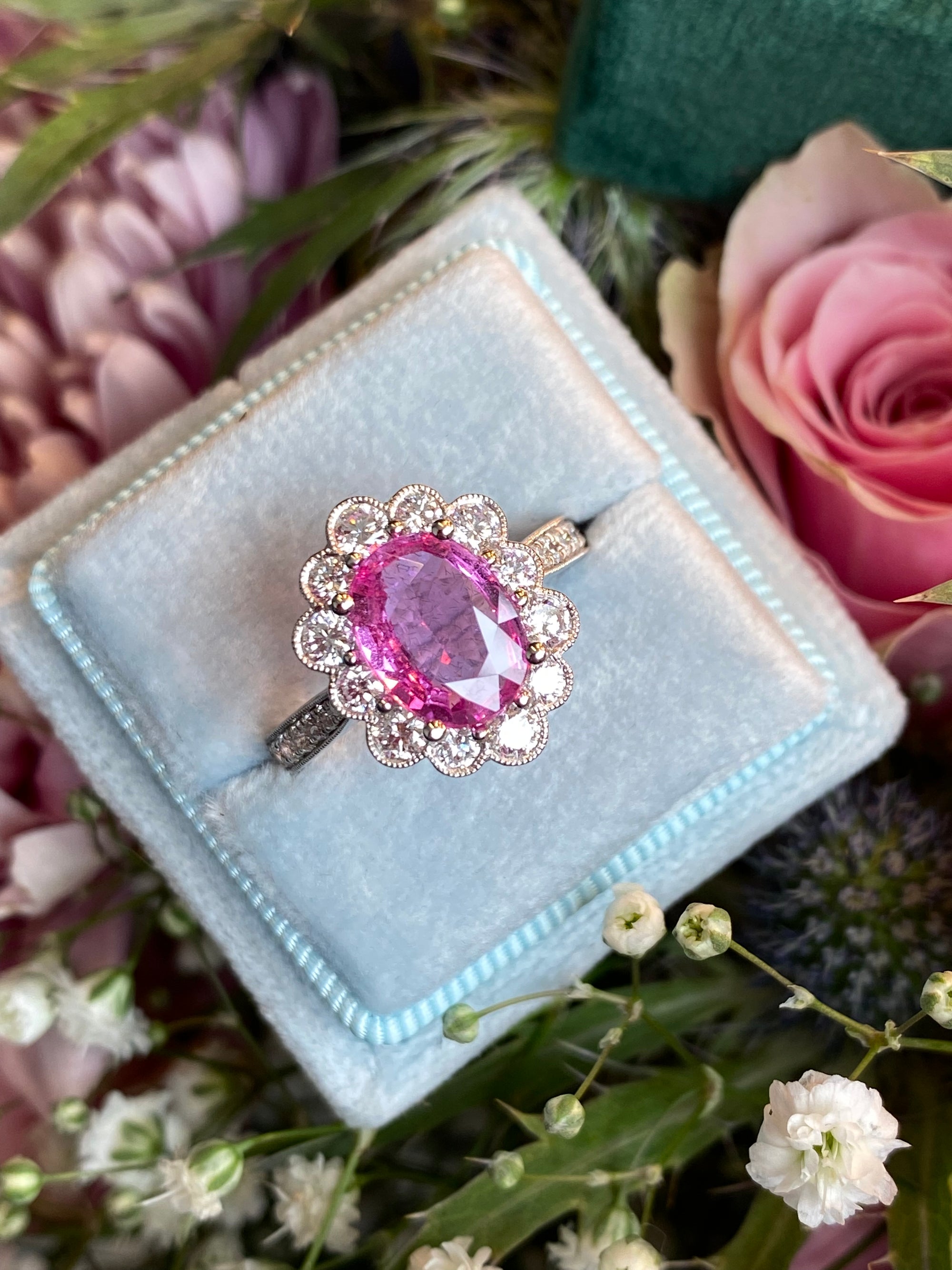 2.92 CTW Oval Cut Pink Sapphire and Natural Diamond Halo Engagement Ring in Platinum