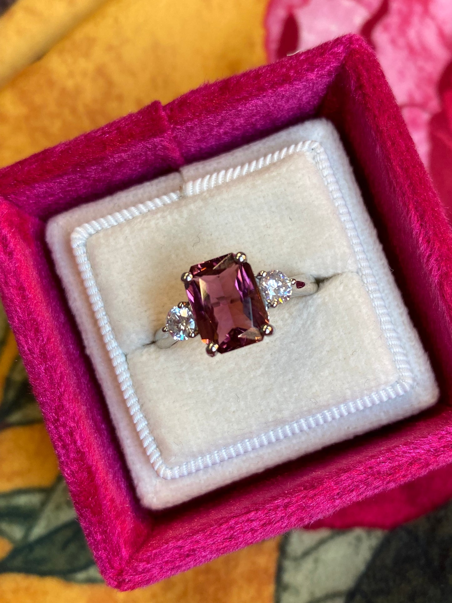 2.46 Carat Cut Pink Tourmaline and Diamond Ring in Platinum