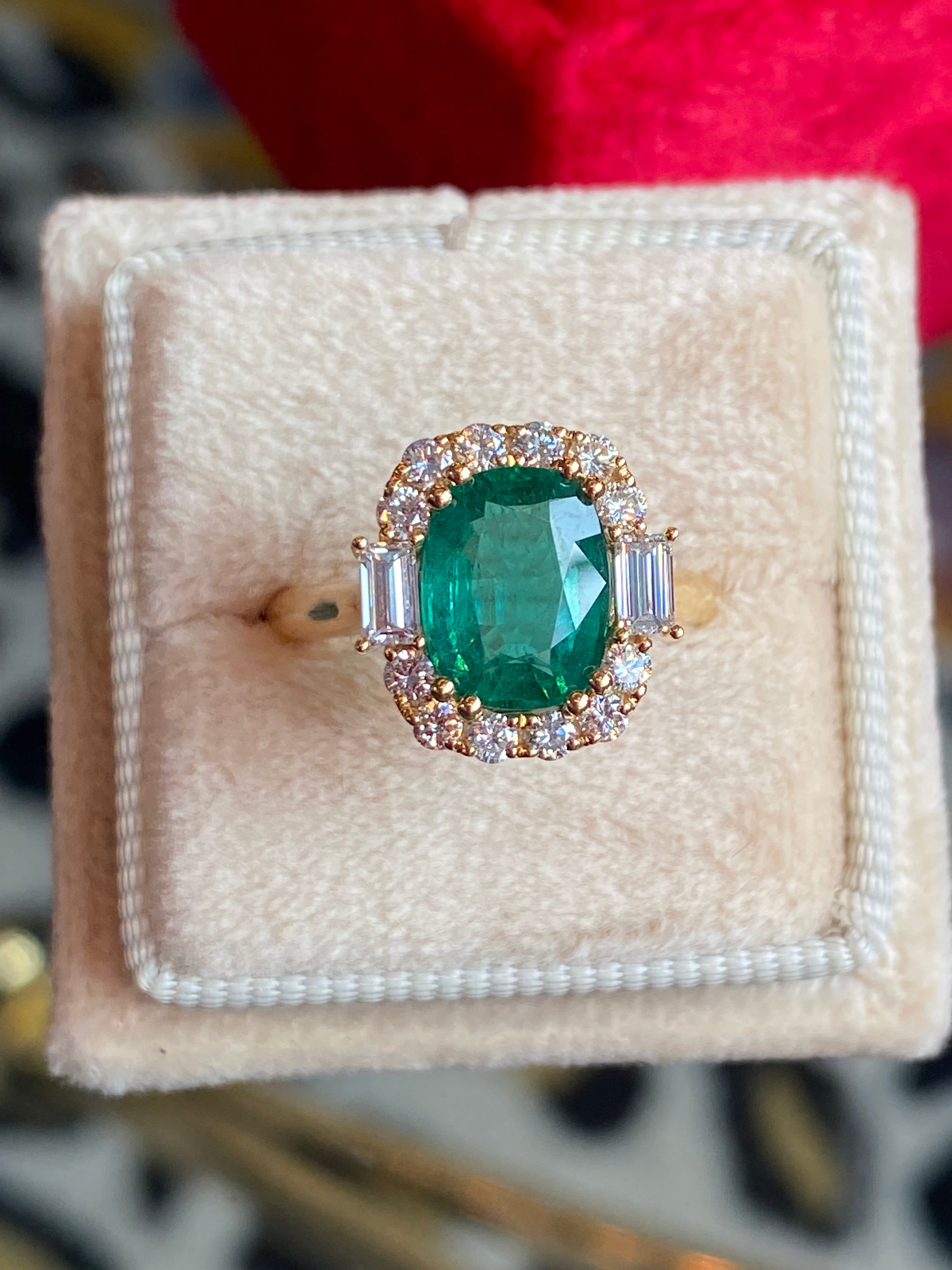 2.59 CTW Cushion Cut Emerald and Natural Diamond Halo Ring in 18ct Yellow Gold