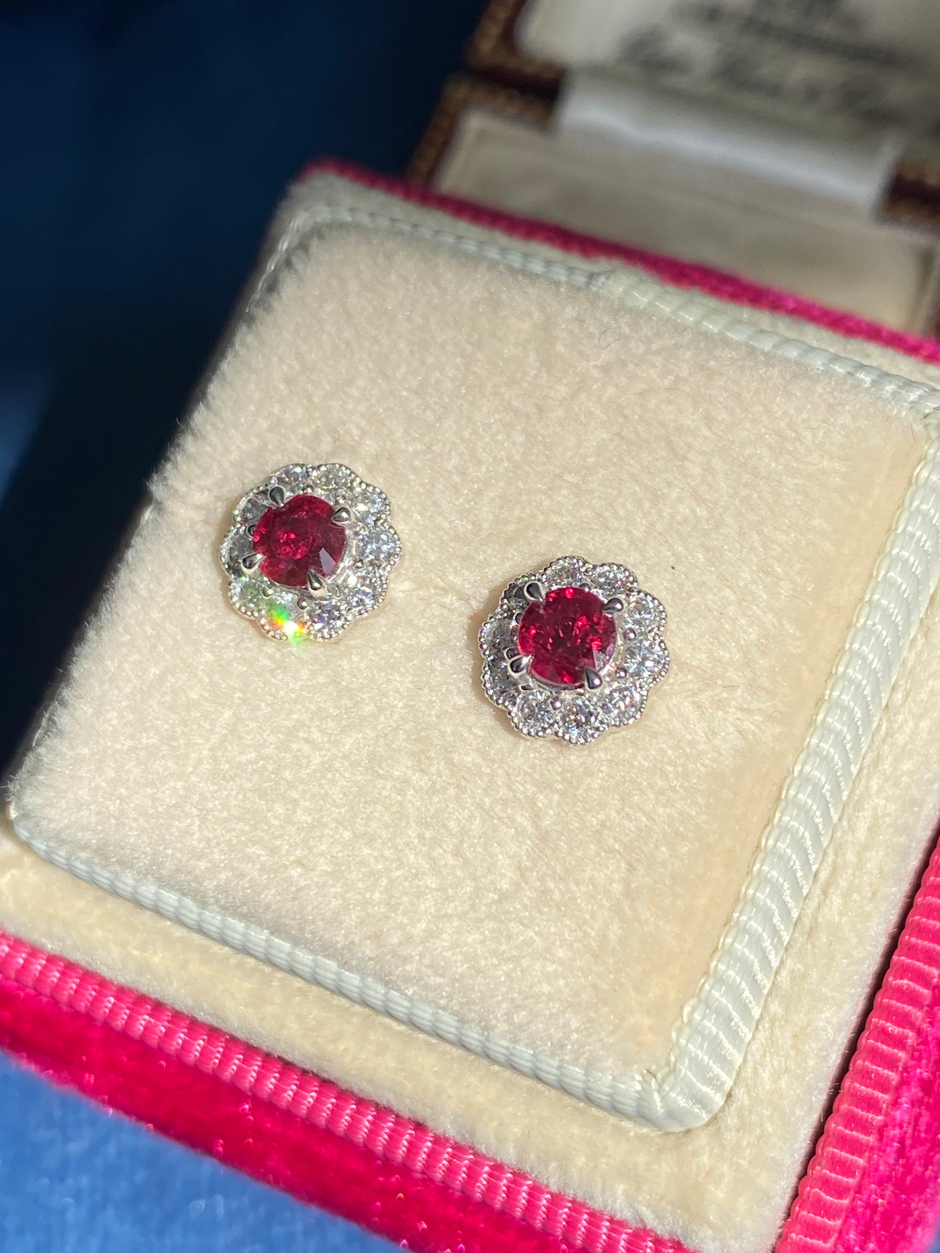 0.97 CTW Ruby and Natural Diamond Stud Earrings in 18ct White Gold