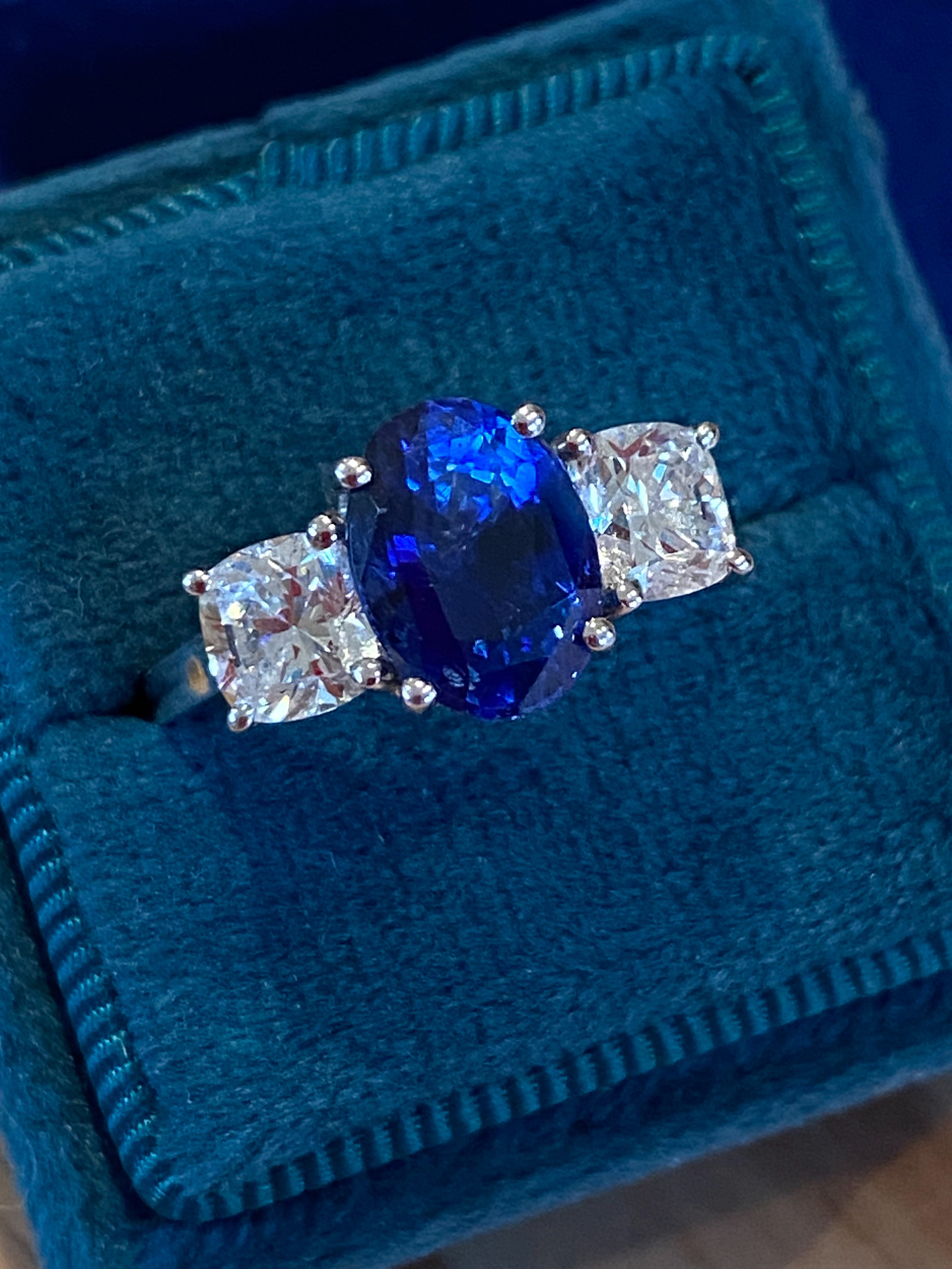 4.33 CTW Blue Ceylon Sapphire and Natural Diamond Three Stone Engagement Ring in Platinum