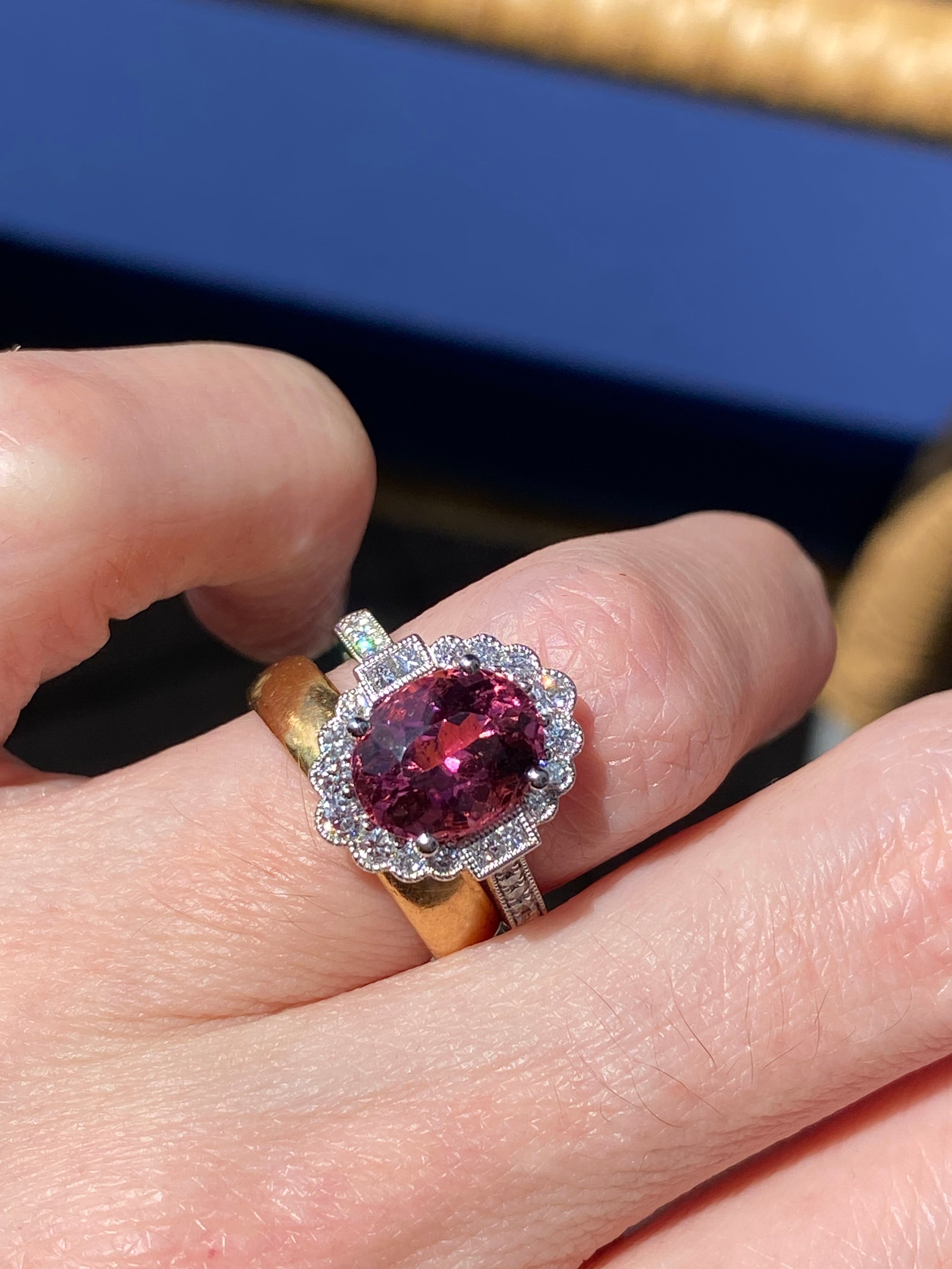 3.13 Carat Oval Cut Pink Tourmaline and Natural Diamond Ring in Platinum