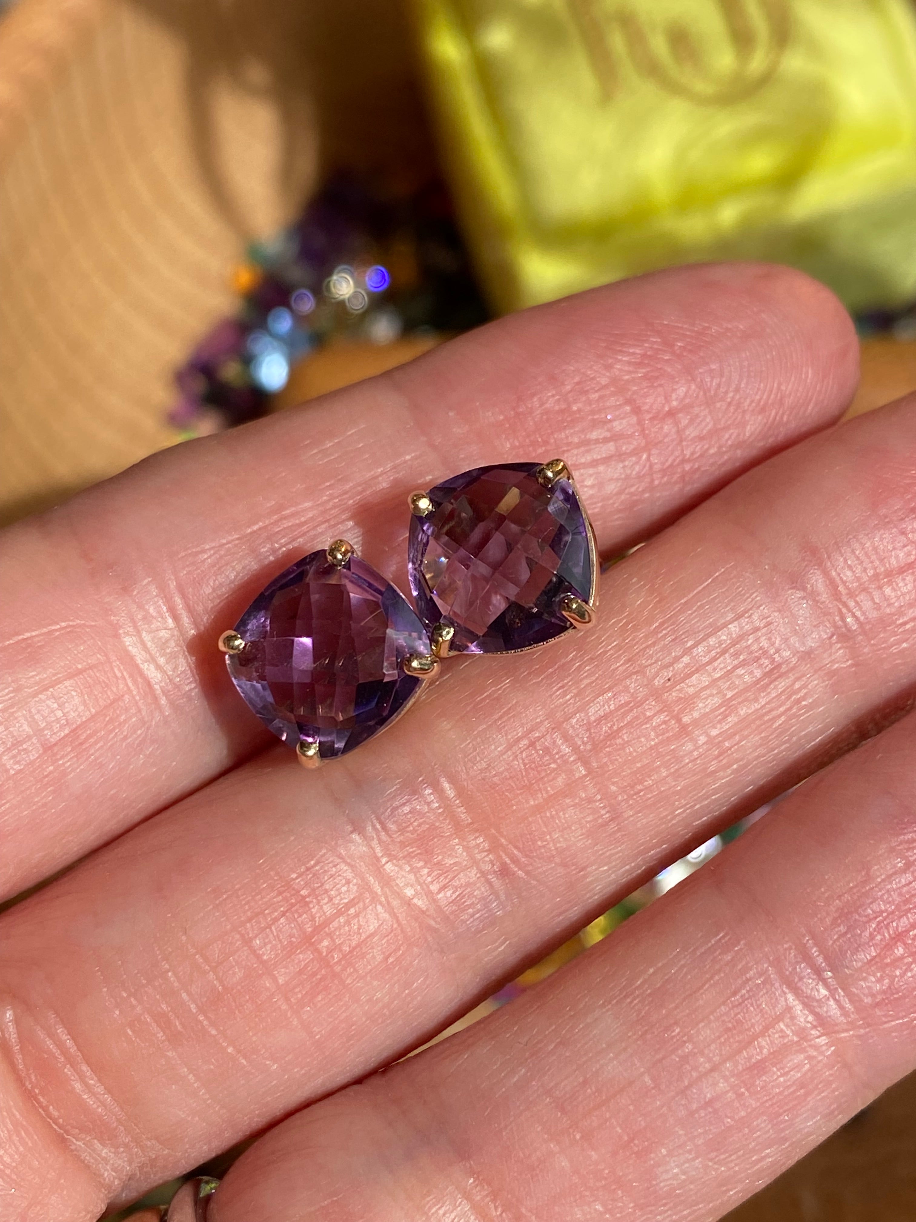 Cushion Chequerboard Cut Rose De France Amethyst Stud Earrings in 9ct Yellow Gold