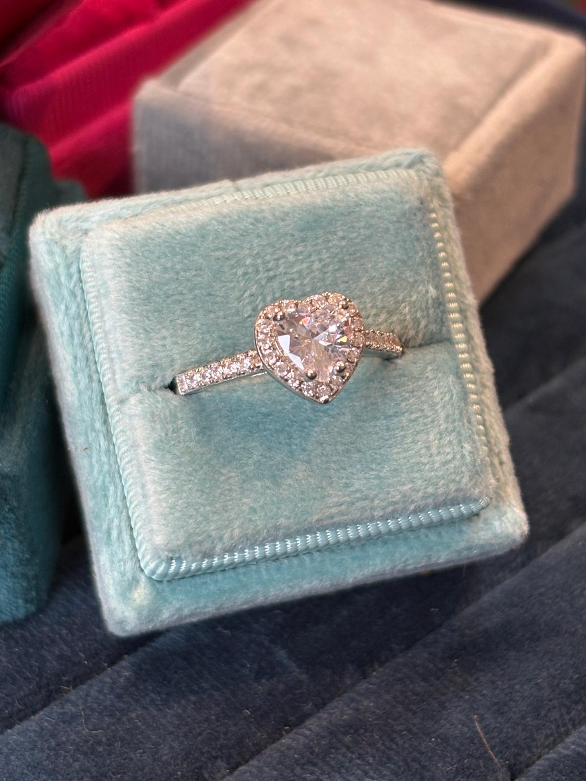 Heart Shape Moissanite Halo Engagement and Wedding / Eternity Ring Set in Sterling Silver
