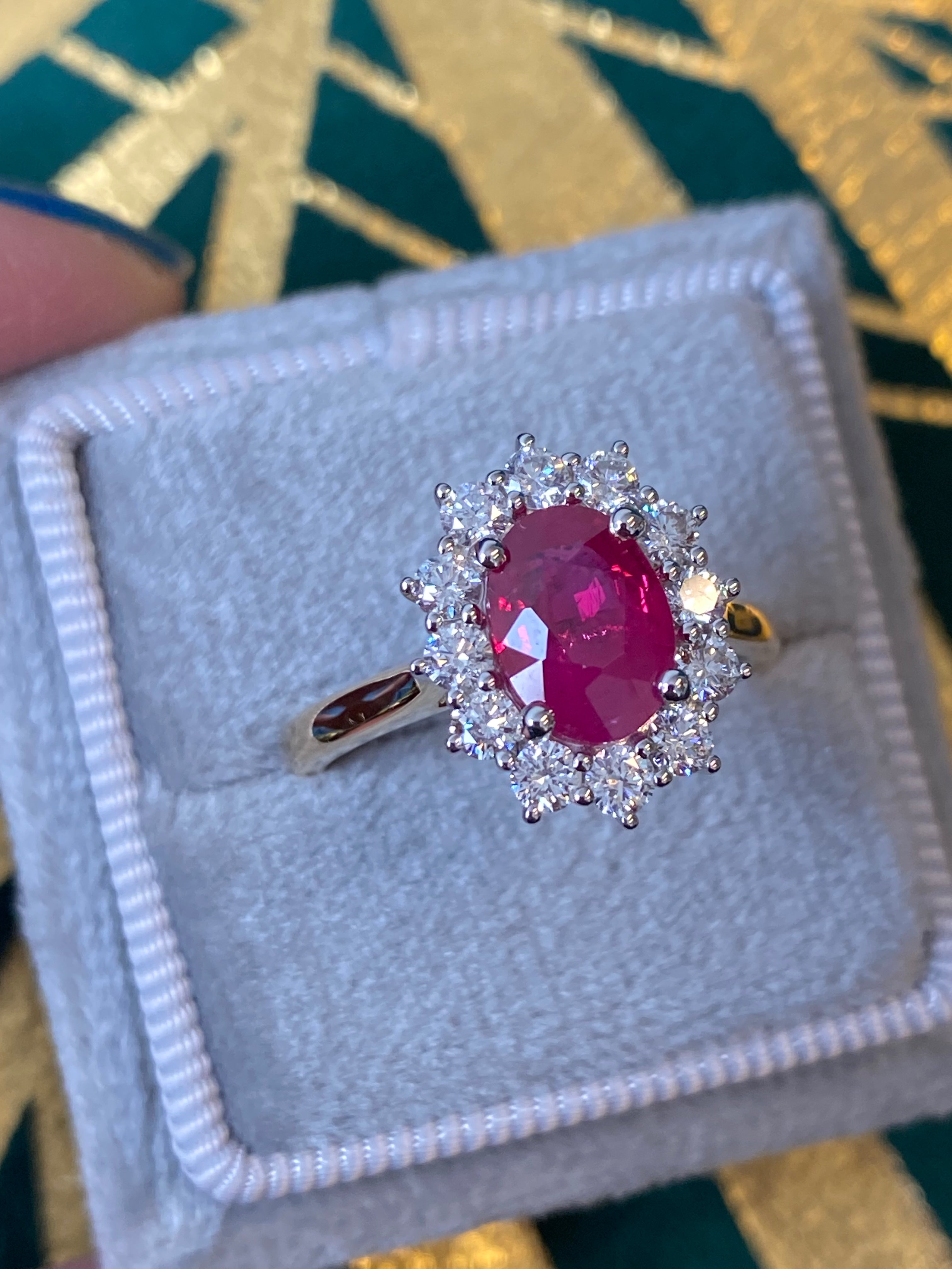 Breathtaking Ruby and Natural Diamond Halo Ring in Platinum and 18ct Yellow Gold
