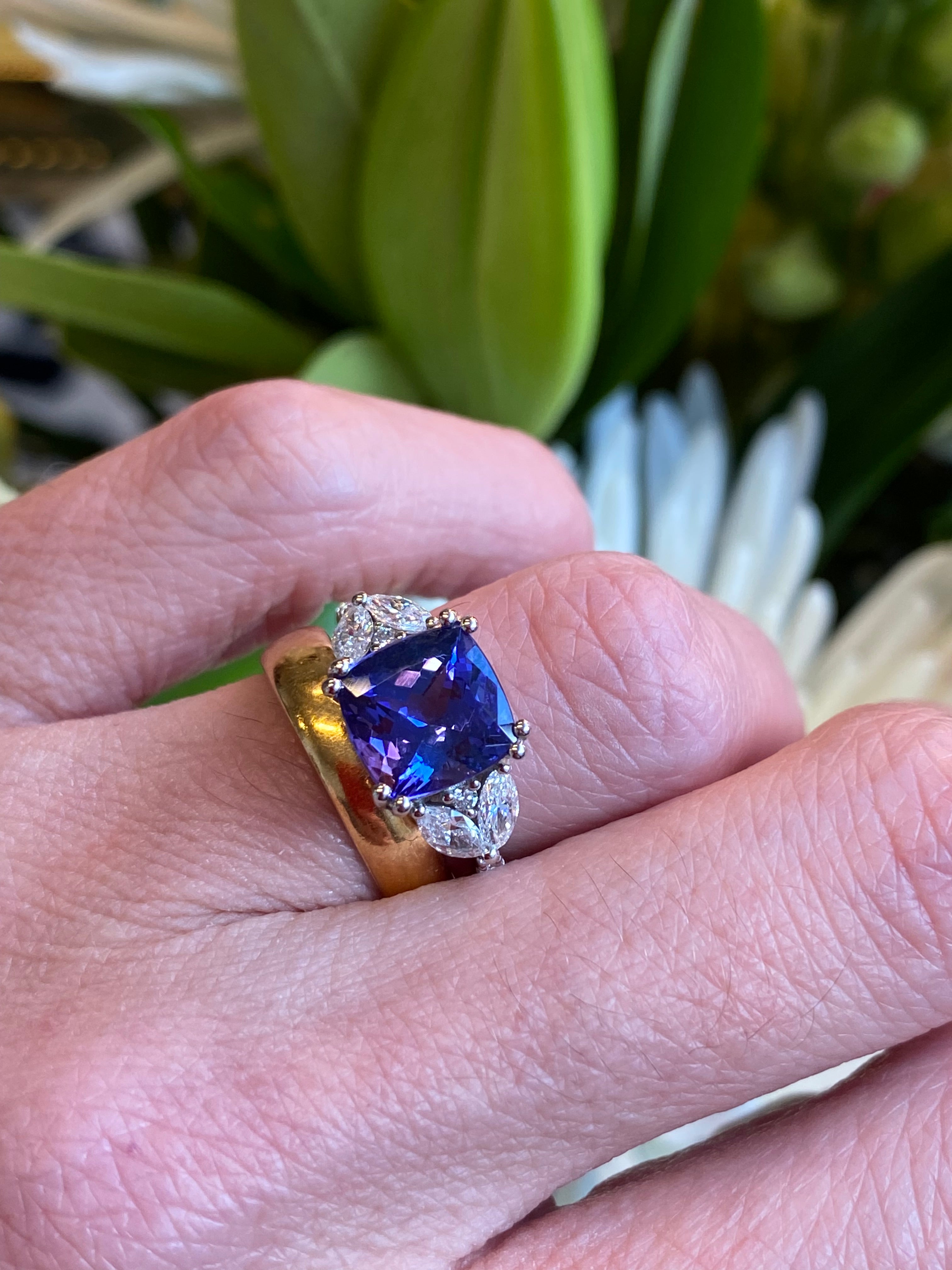 3.76 CTW Cushion Cut Tanzanite and Diamond Ring in Platinum