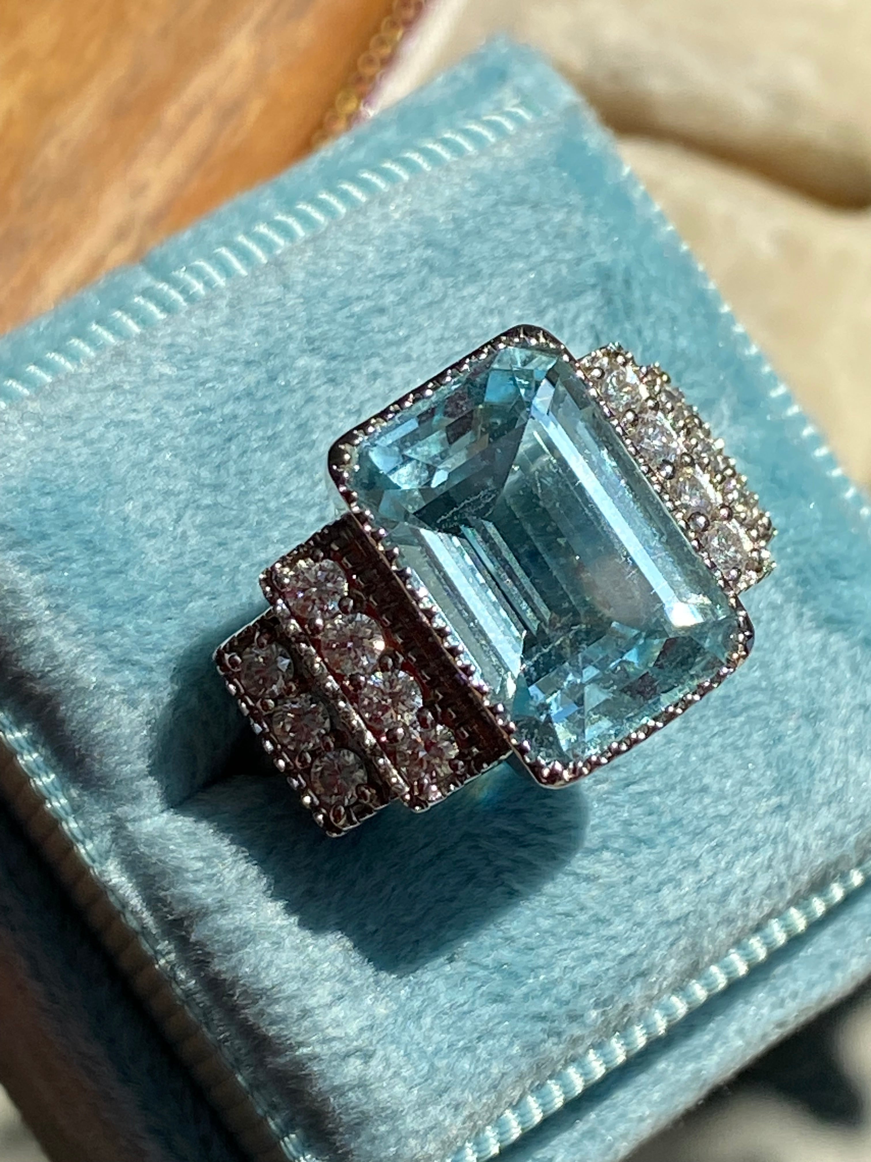 6.29 CTW Art Deco Style Aquamarine and Diamond Ring in 18ct White Gold