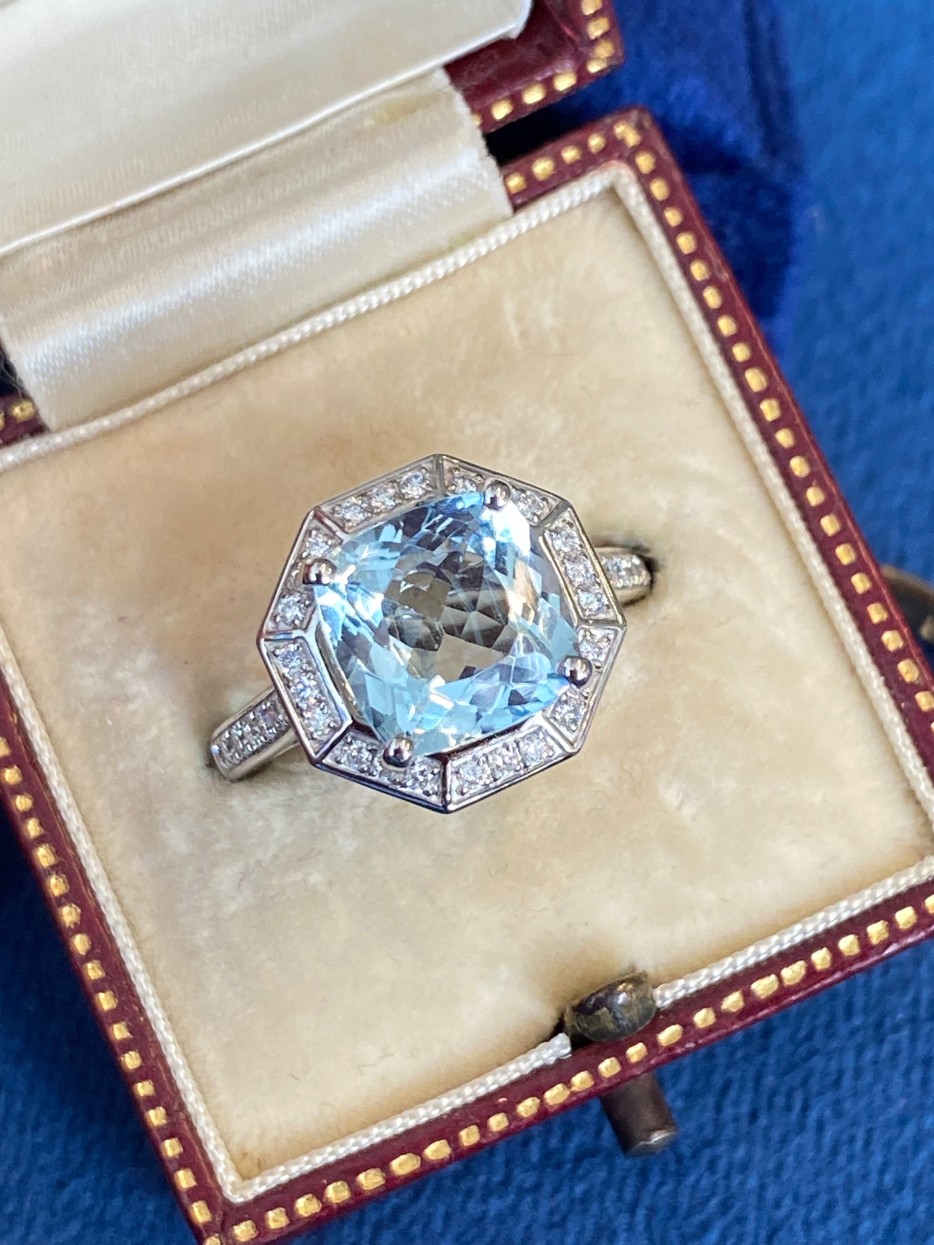 3.03 CTW Cushion Cut Art Deco Style Aquamarine and Natural Diamond Halo Engagement Ring in Platinum