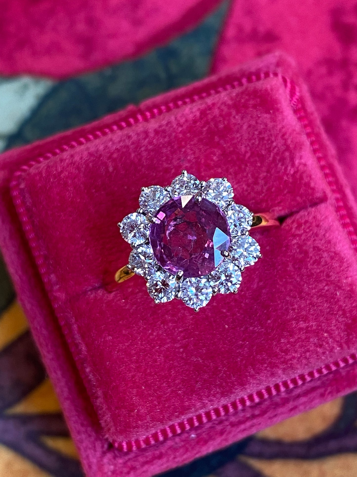 2.93 CTW Round-Cut Ruby and Natural Diamond Halo Ring in 18ct White and Yellow Gold