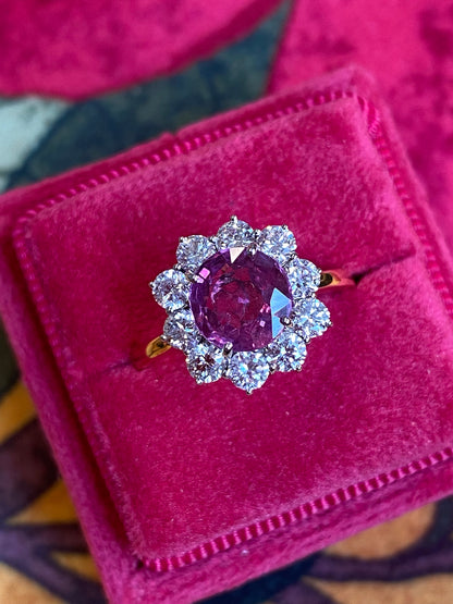 2.93 CTW Round-Cut Ruby and Natural Diamond Halo Ring in 18ct White and Yellow Gold
