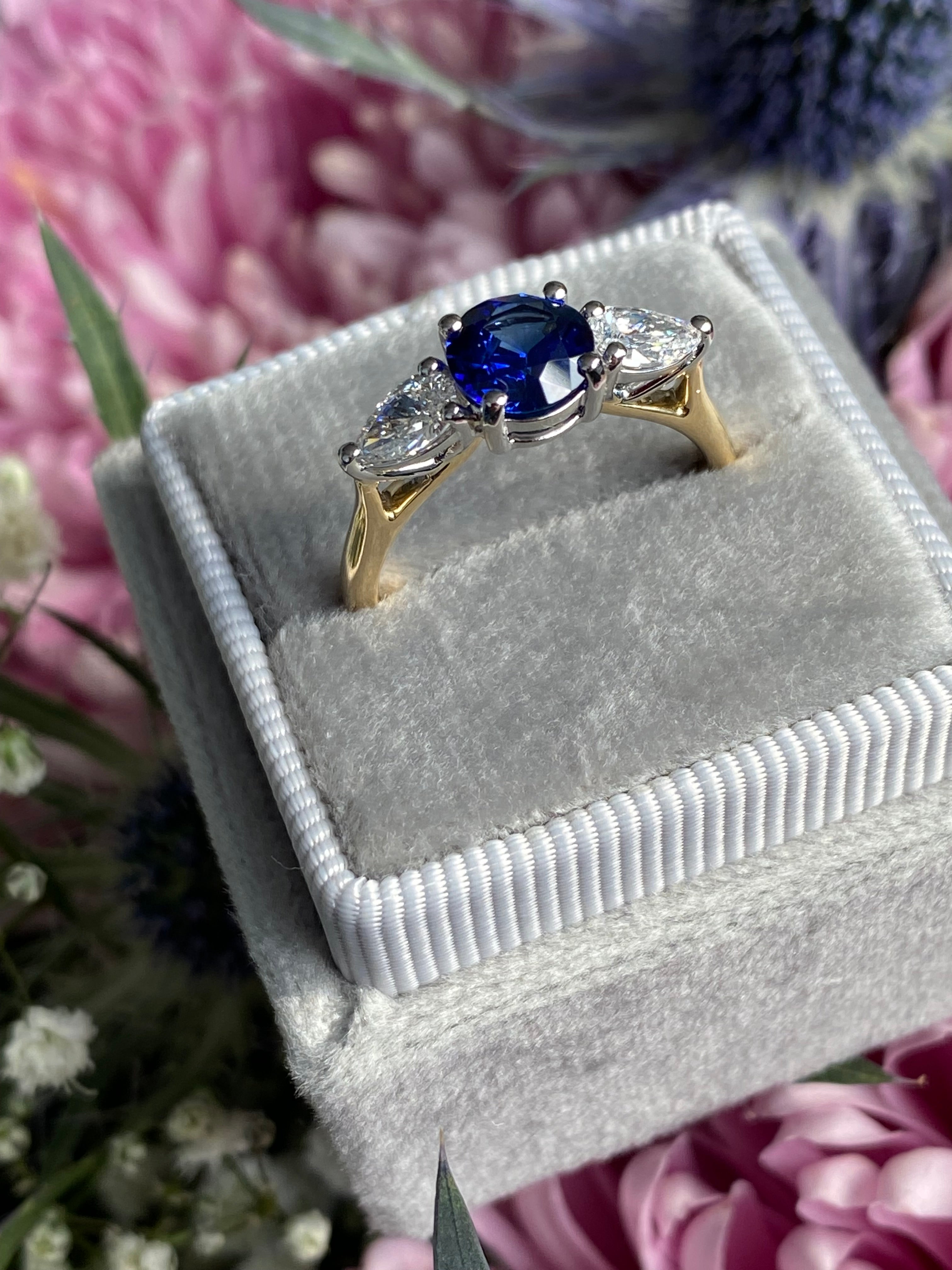 1.52 CTW Blue Ceylon Sapphire and Natural Diamond Three Stone Engagement Ring in Platinum and 18ct Yellow Gold