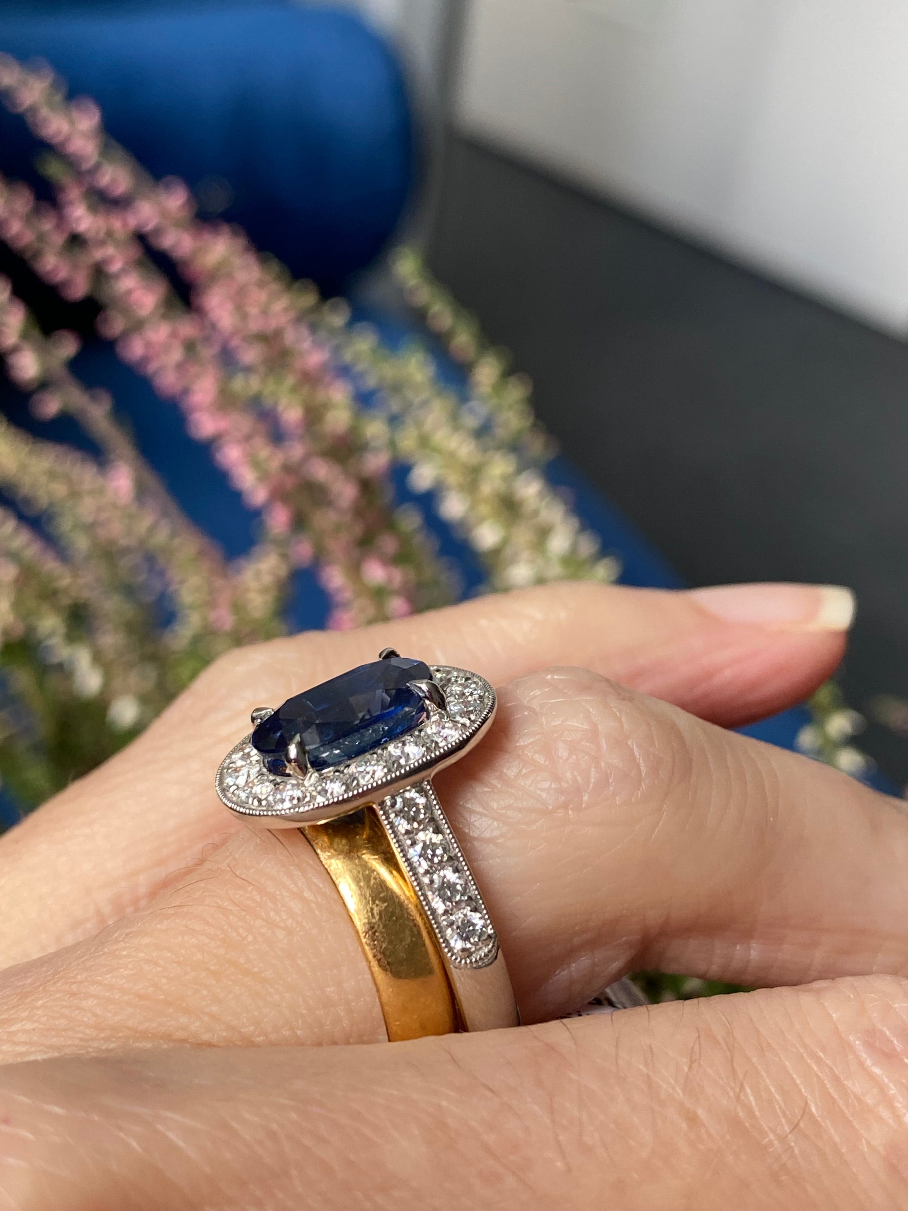 3.61 Carat Blue Ceylon Sapphire and Natural Diamond Halo Ring in Platinum