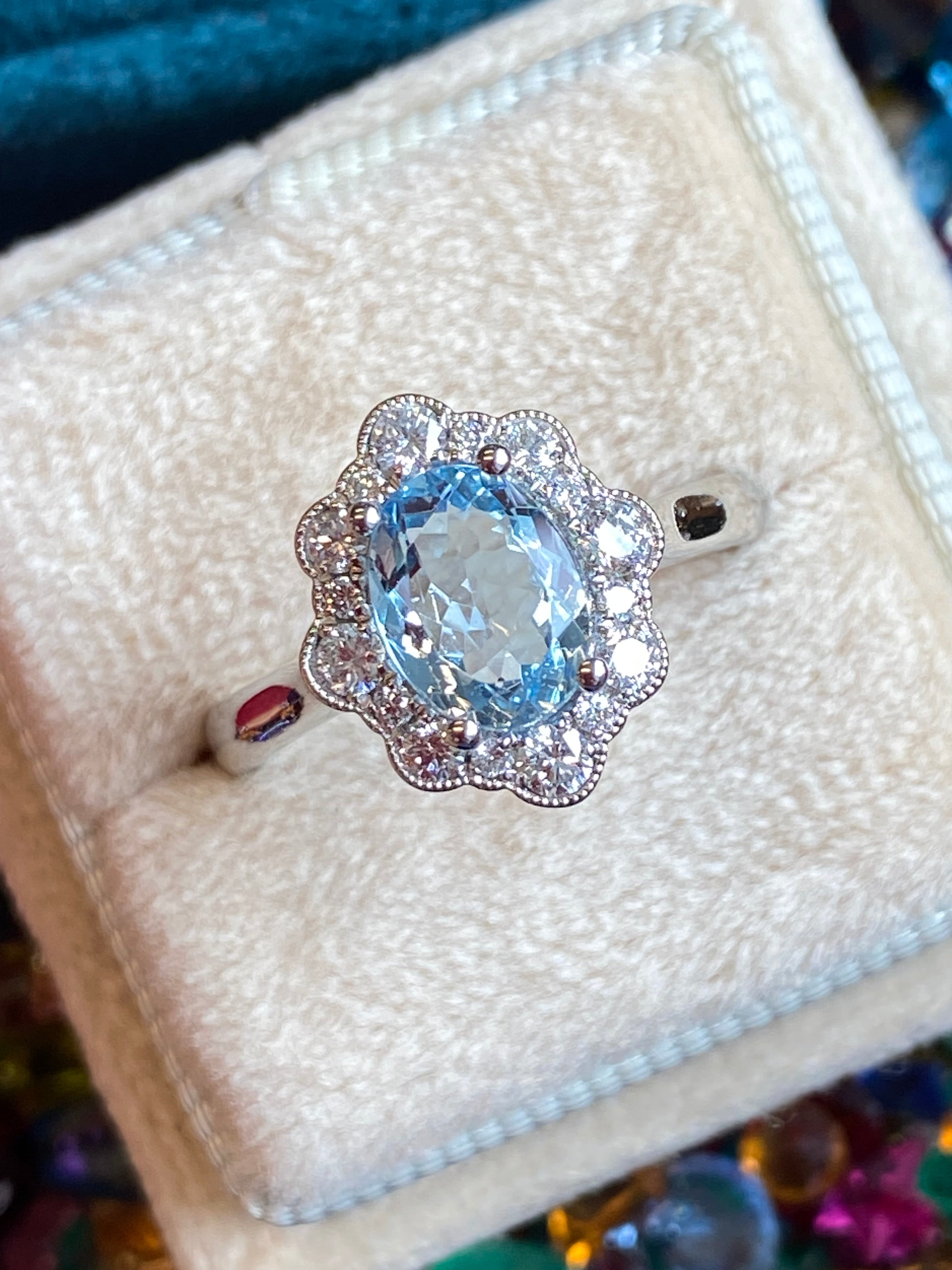 1.55 CTW Oval Cut Aquamarine and Natural Diamond Halo Engagement Ring in Platinum