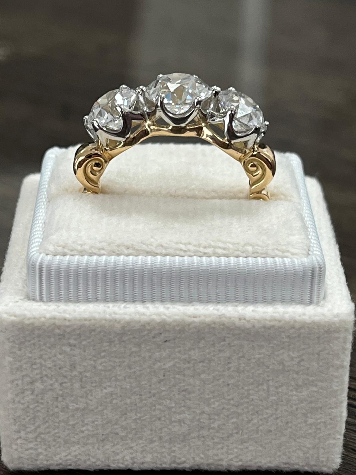 Heritage 4.00 CT + Old Cut Lab Grown Diamond Three Stone Trilogy Engagement Ring, at Least F Colour / VS Clarity