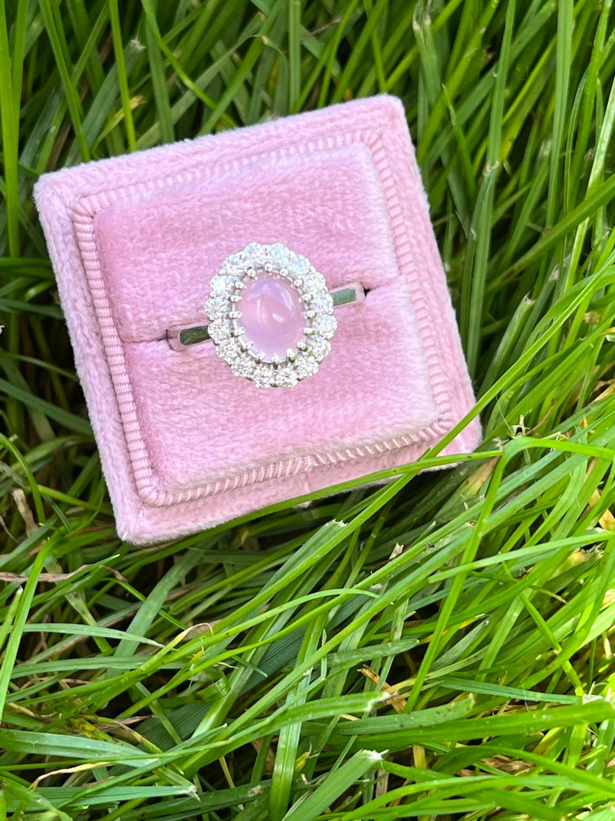 3.50 CTW Oval Cabochon Cut Rose Quartz and Moissanite Halo Cocktail Ring