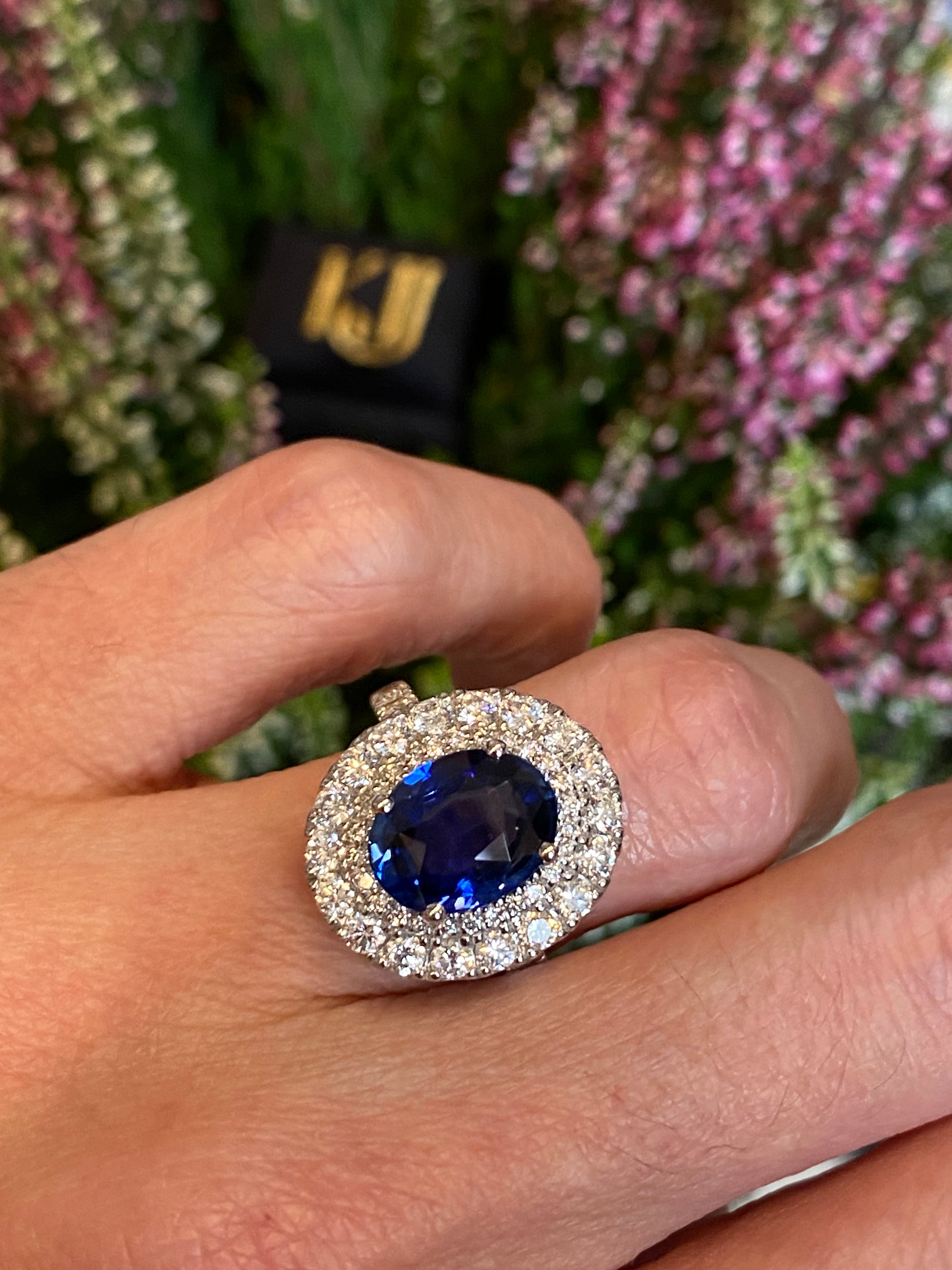 4.29 Carat Blue Ceylon Sapphire and 1.67 CTW Natural Diamond Halo Ring in Platinum