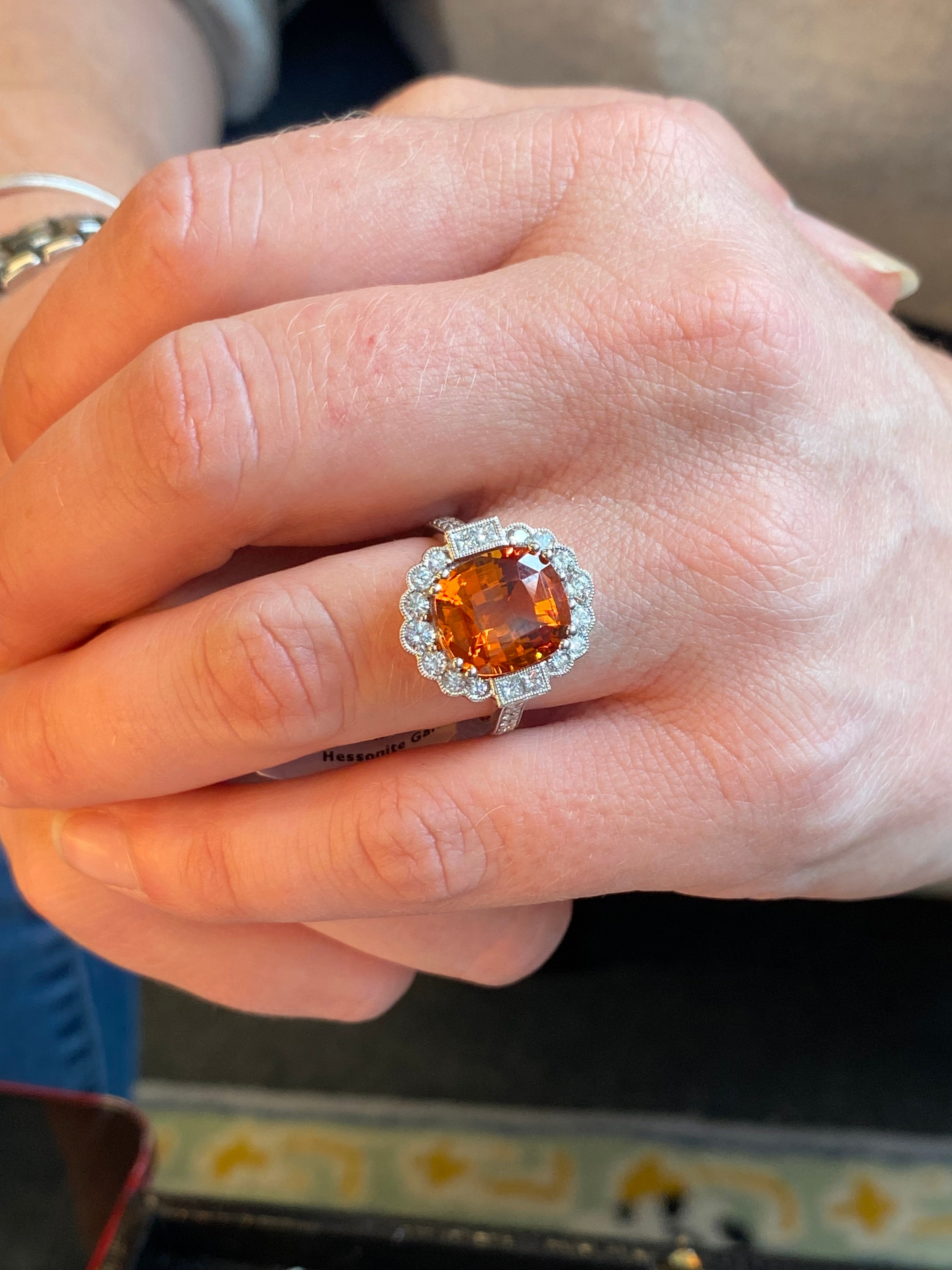 5.95 Carat Hessonite Garnet and 1.03ctw Natural Diamond Ring in Platinum