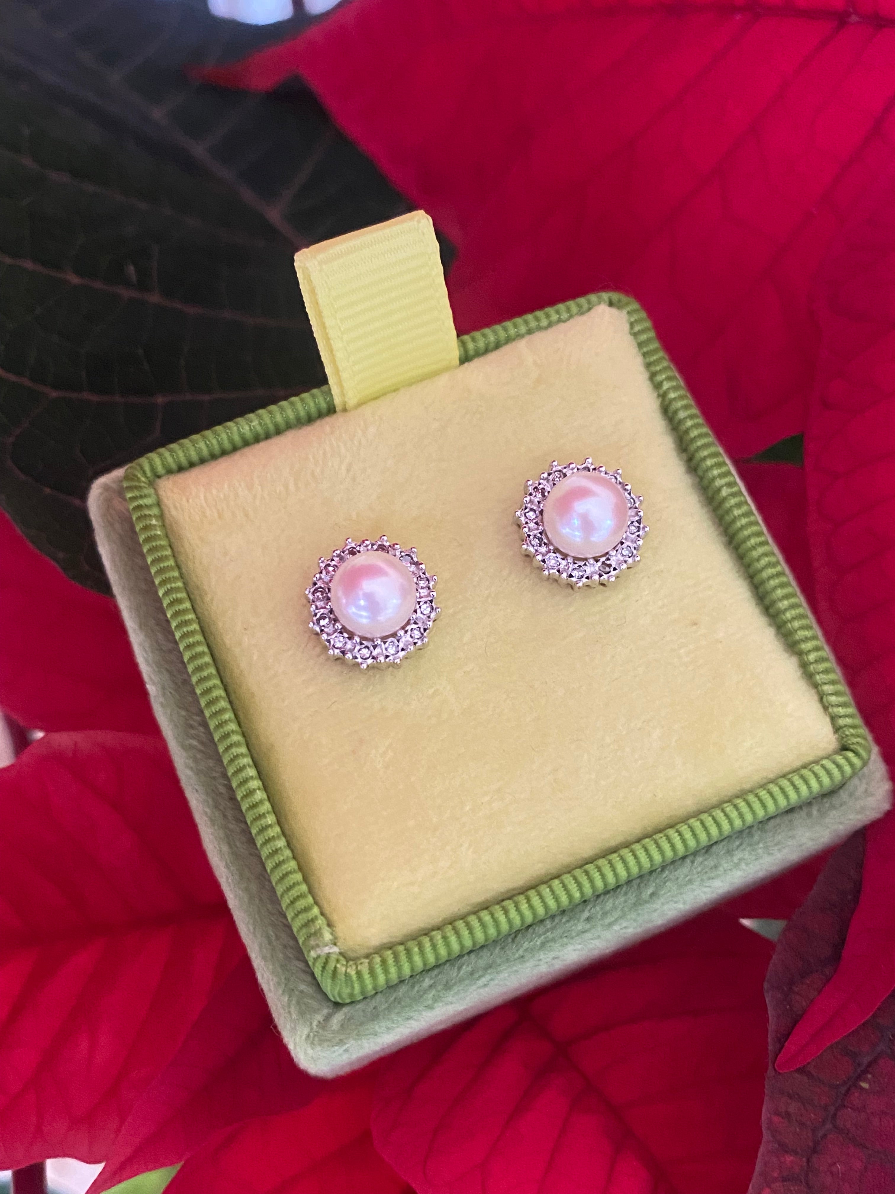 Vintage Pearl and Natural Diamond Stud Earrings in 9ct Yellow Gold