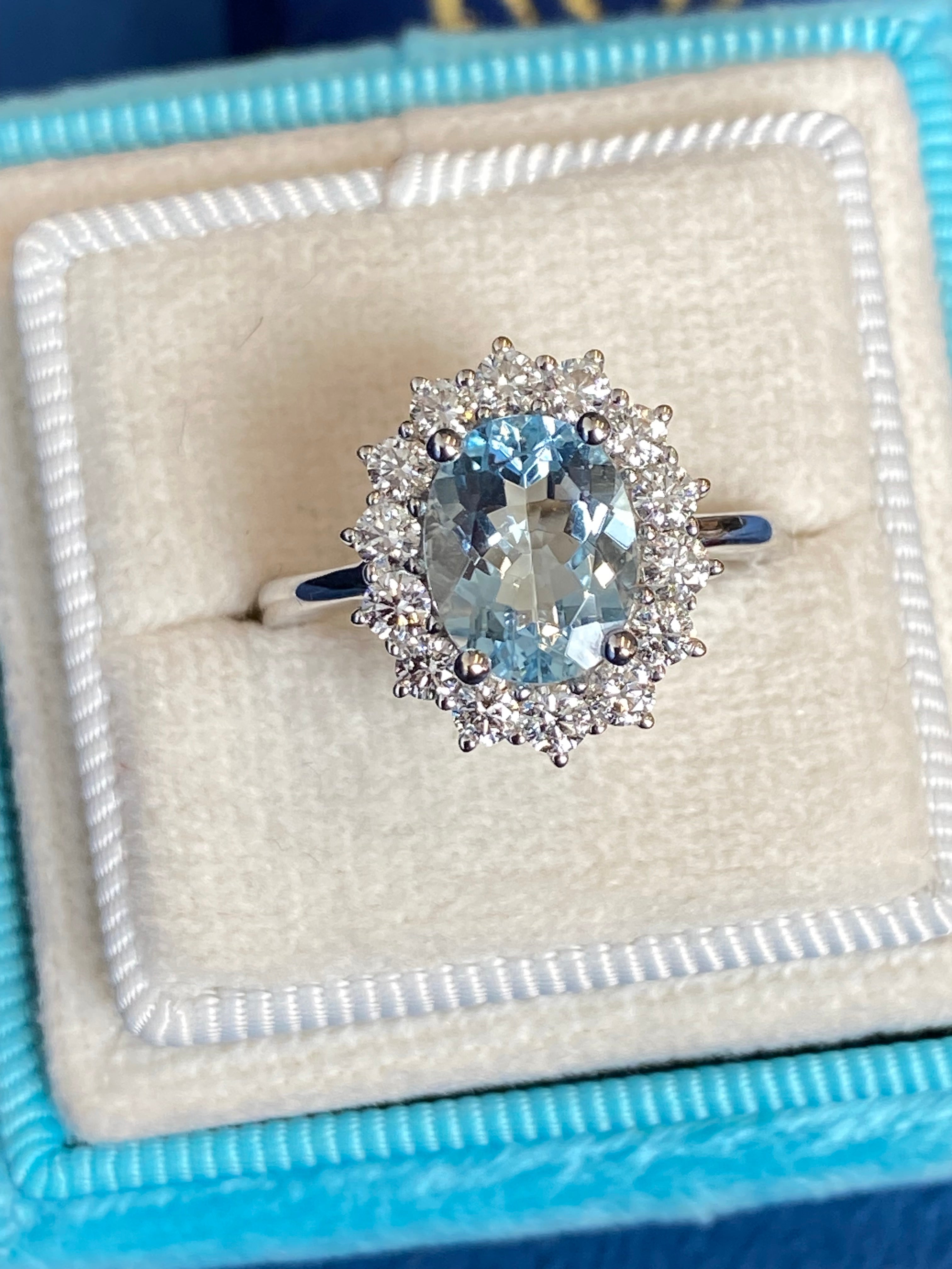 2.02 CTW Oval Cut Aquamarine and Natural Diamond Halo Engagement Ring in Platinum