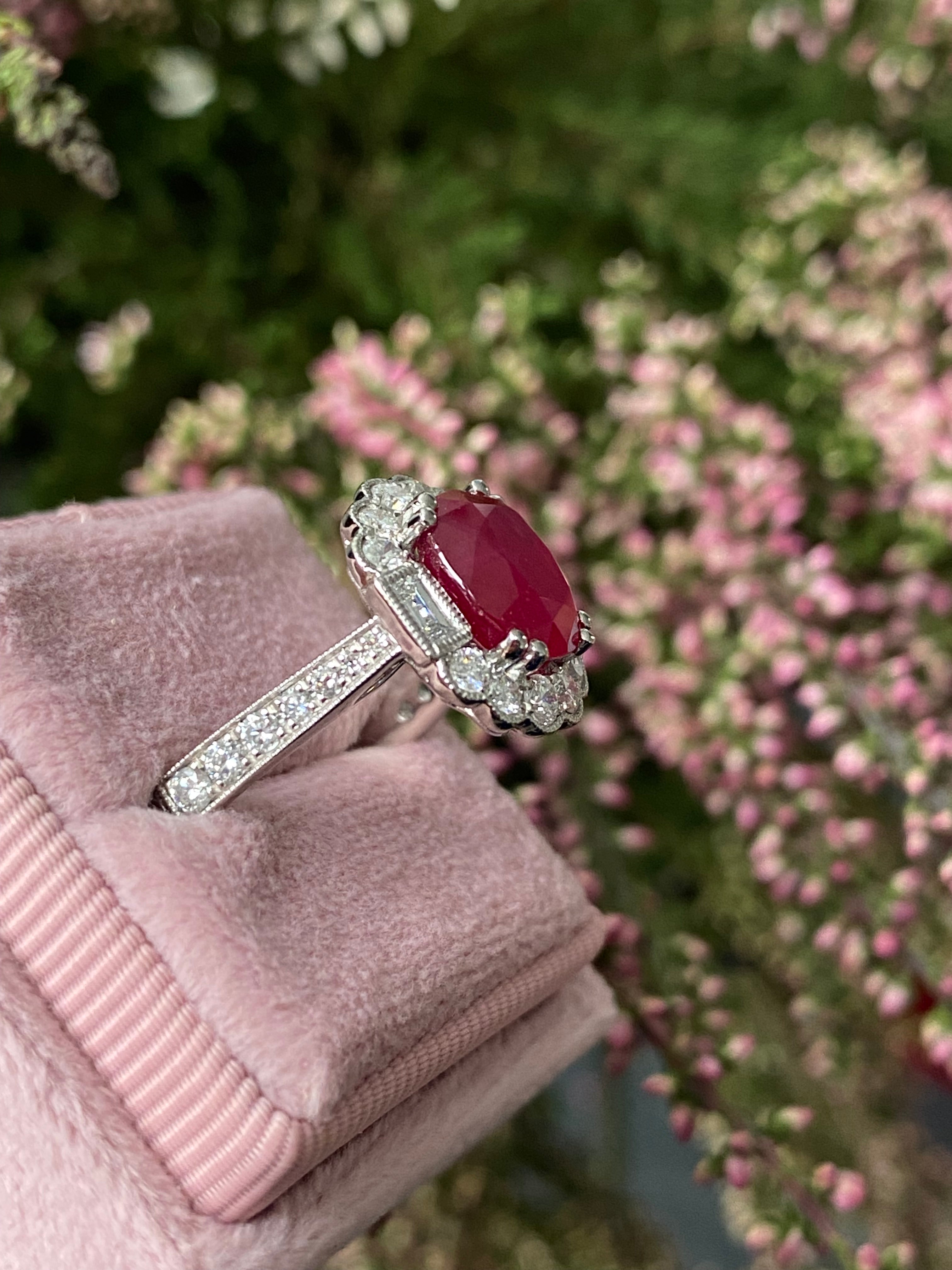 3.54 Carat Oval-Cut Ruby and 0.77 ctw Natural Diamond Halo Ring in Platinum