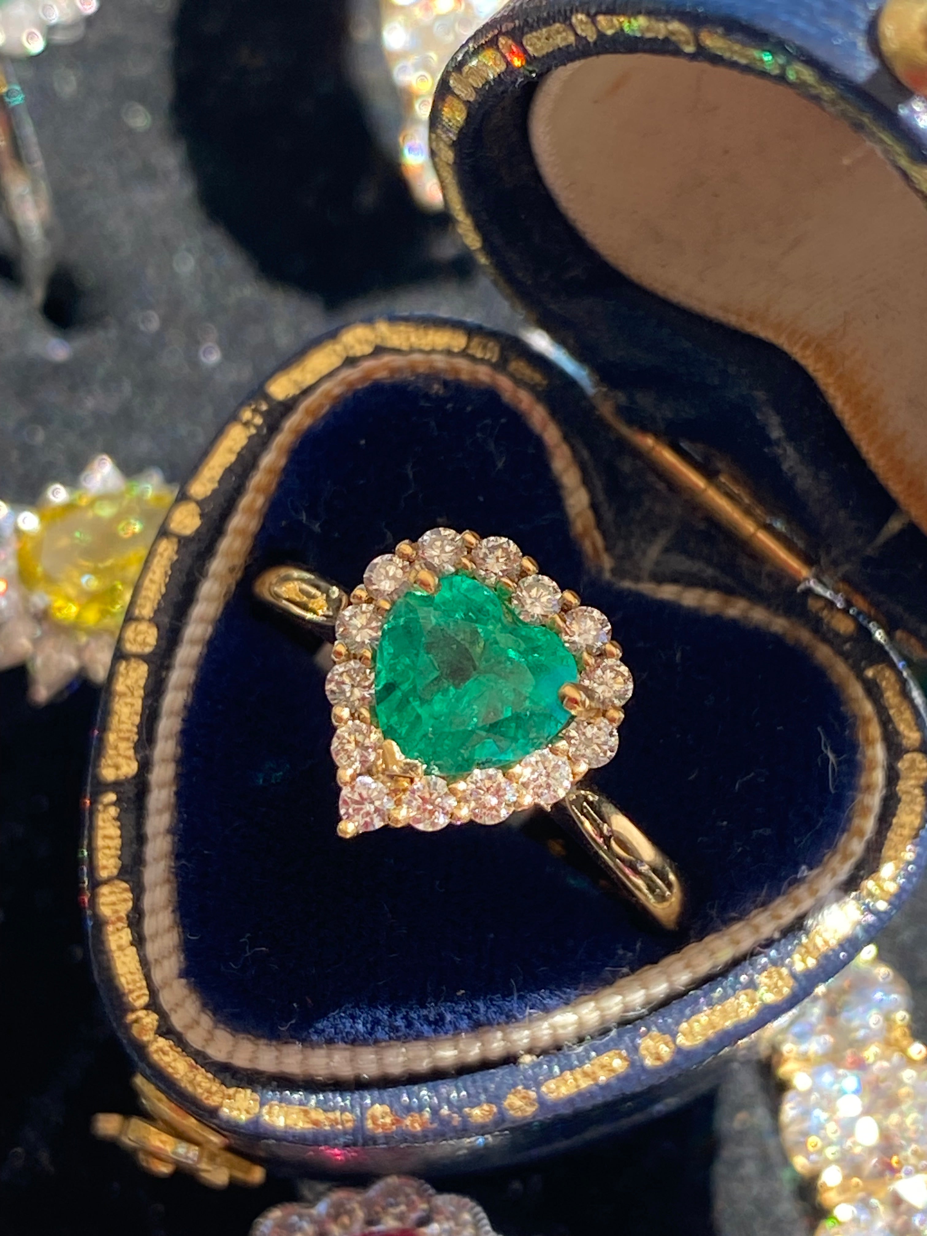 1.16 CTW Heart Shape Emerald and Natural Diamond Halo Ring in 18ct Yellow Gold