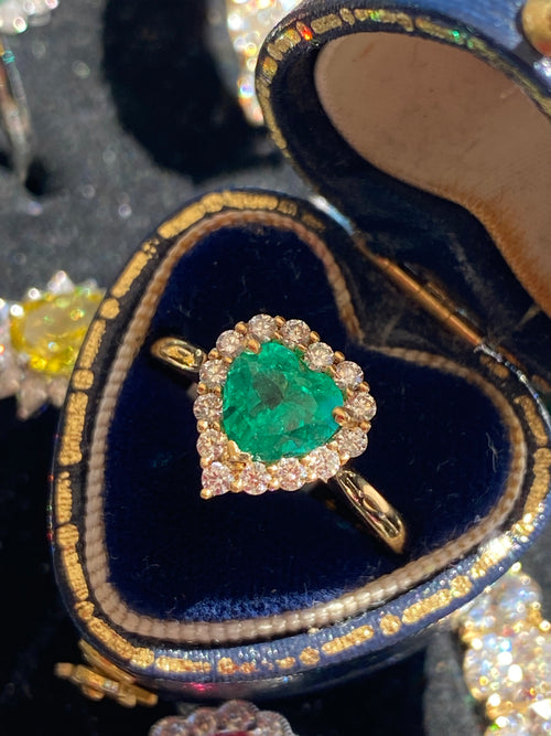 1.16 CTW Heart Shape Emerald and Natural Diamond Halo Ring in 18ct Yellow Gold