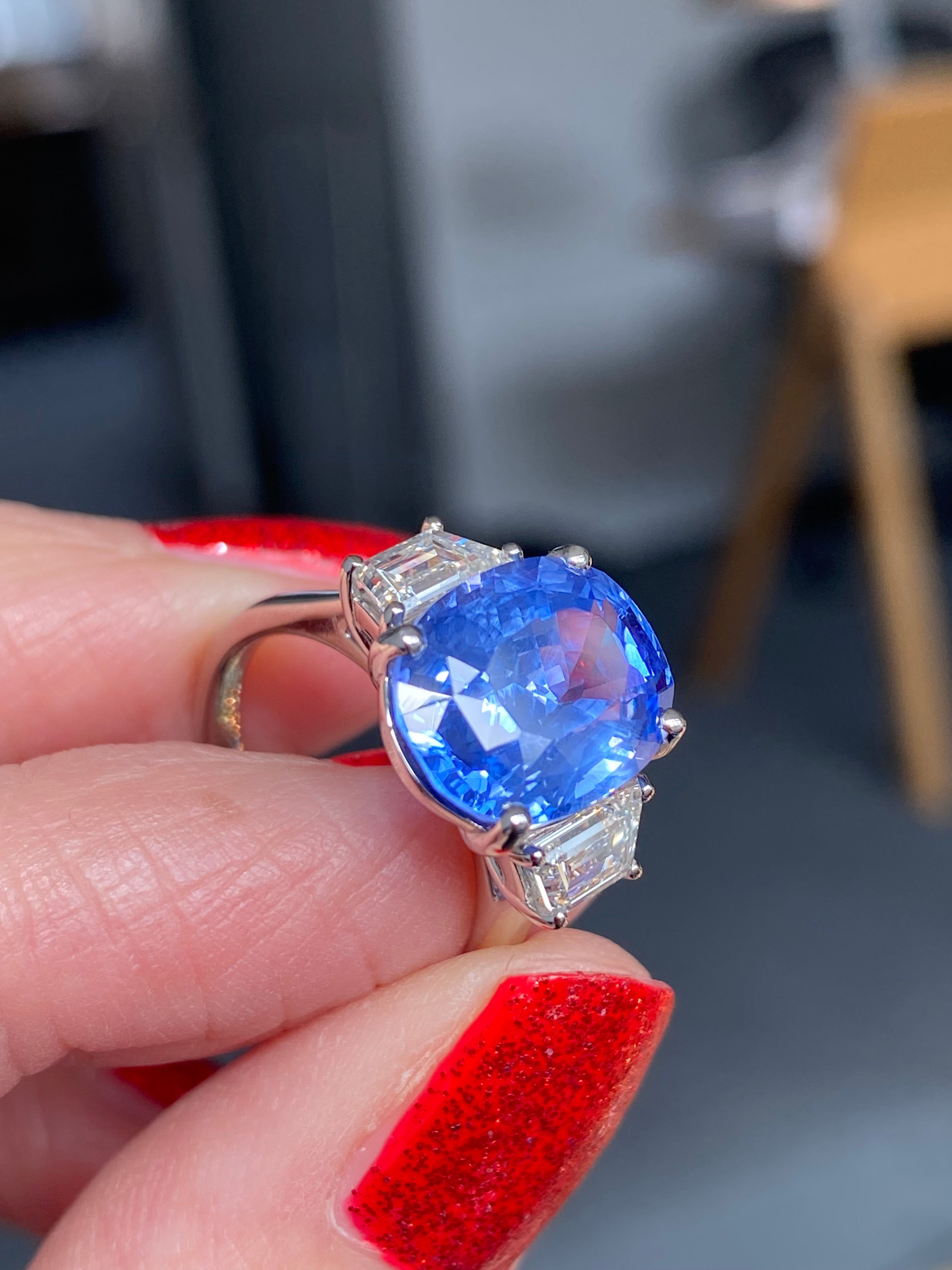 6.25 Carat Unheated Blue Ceylon Sapphire and 0.95 Carat Diamond Ring
