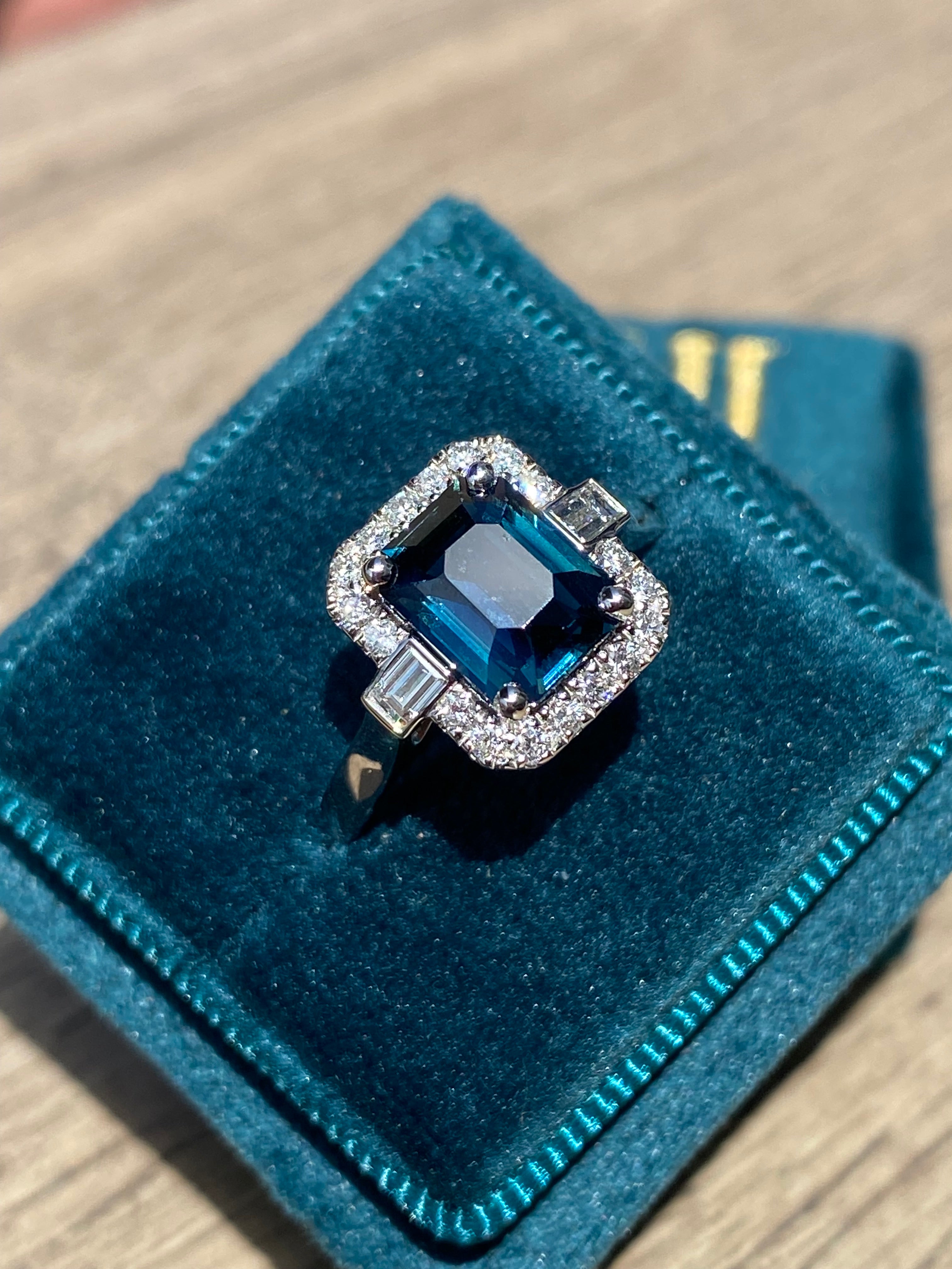 2.52 Carat Emerald Cut Teal Sapphire and Natural Diamond Halo Ring in Platinum