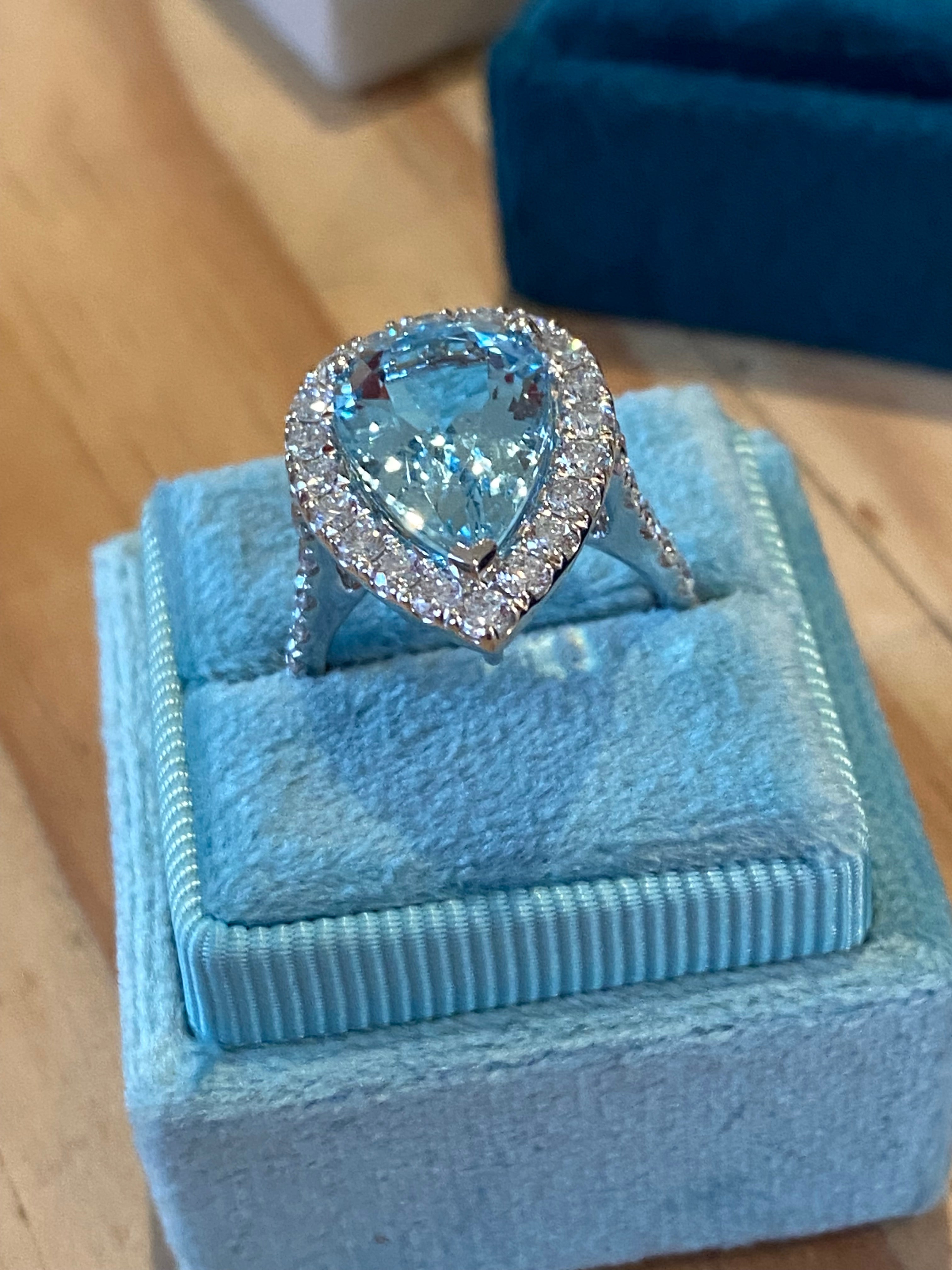 5.36 Carat Pear Cut Aquamarine and 1.38ctw Natural Diamond Ring in Platinum