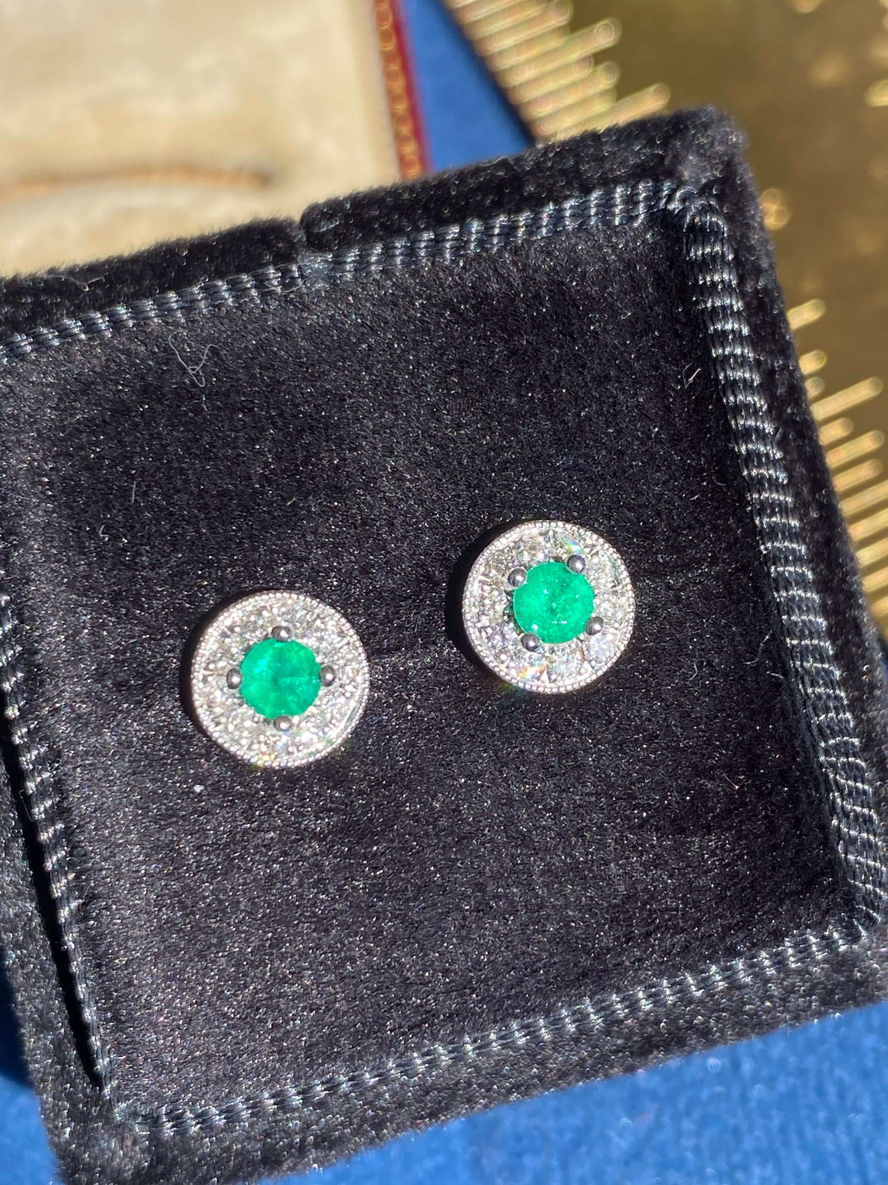 Emerald and Natural Diamond Halo Stud Earrings in 18ct White Gold