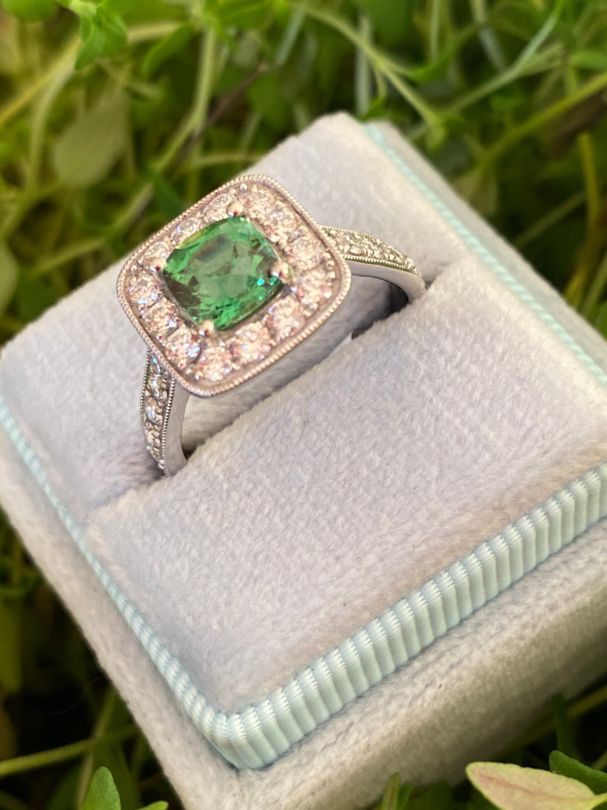 1.29 Carat Tsavorite Garnet and 0.72 Carat Diamond Halo Engagement Ring in Platinum