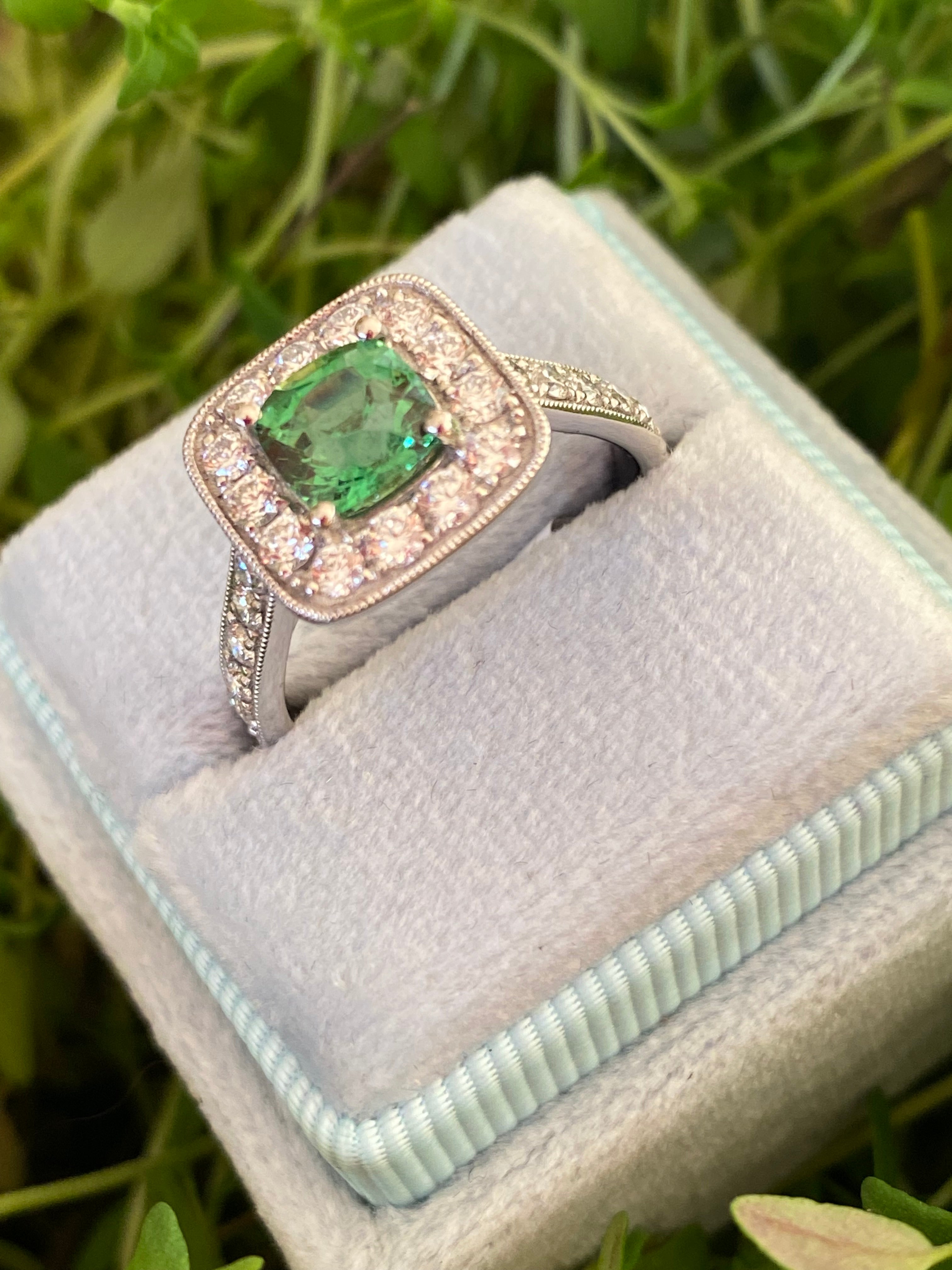 1.29 Carat Tsavorite Garnet and 0.72 Carat Diamond Halo Engagement Ring in Platinum