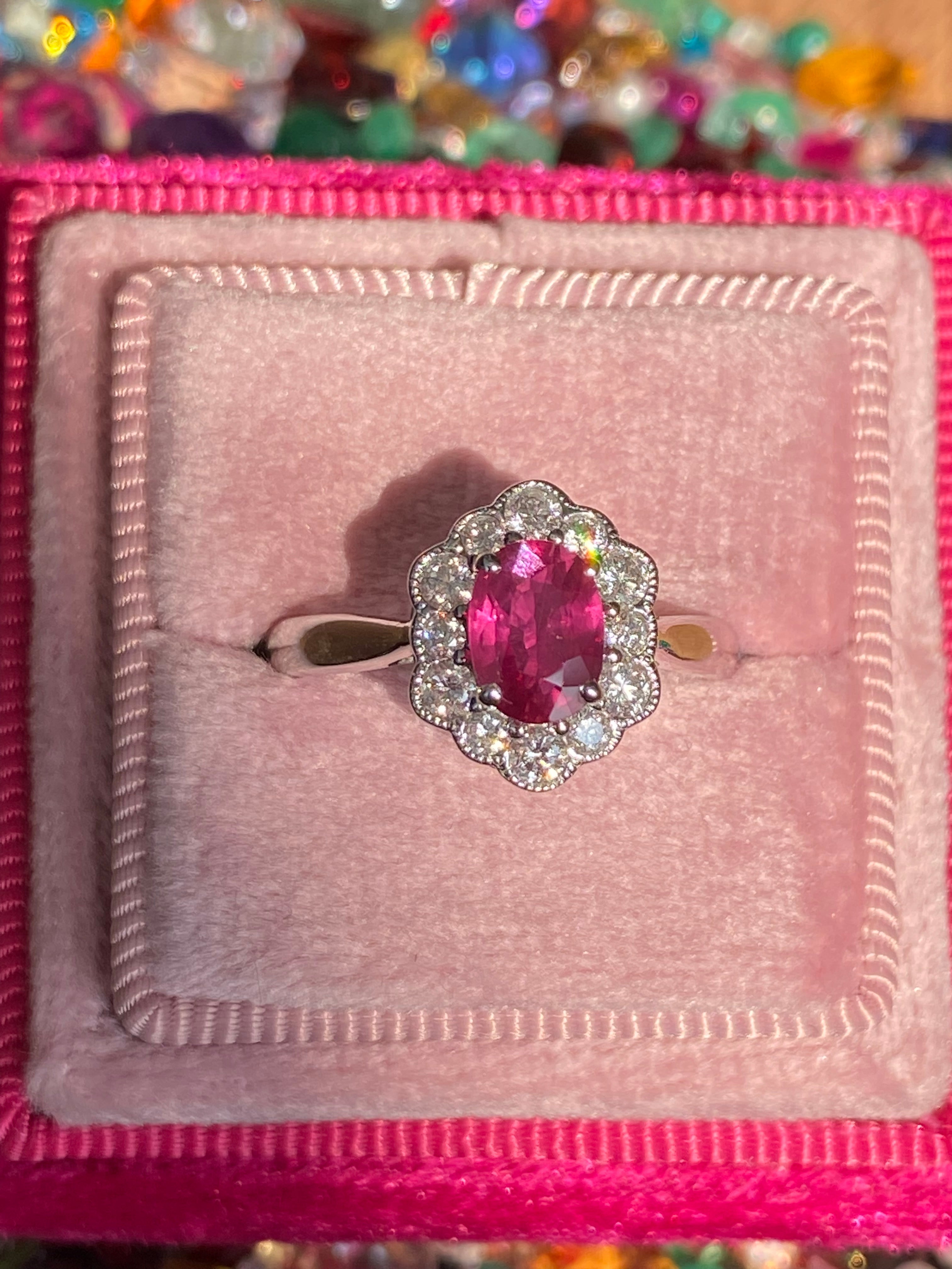 1.49 CTW Ruby and Natural Diamond Halo Ring in 18ct White Gold