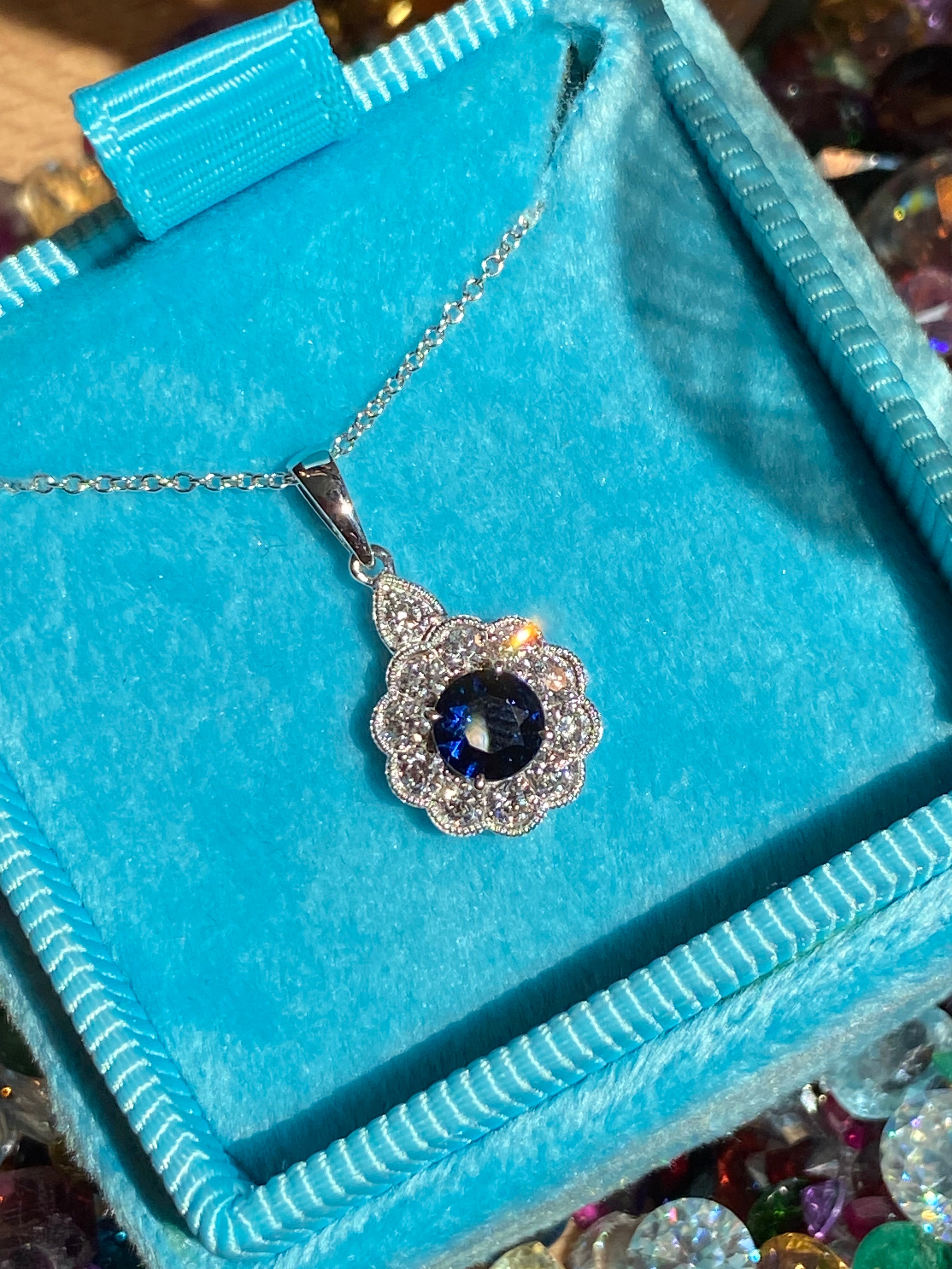 0.86 CTW Sapphire and Natural Diamond Pendant Necklace in 18ct White Gold