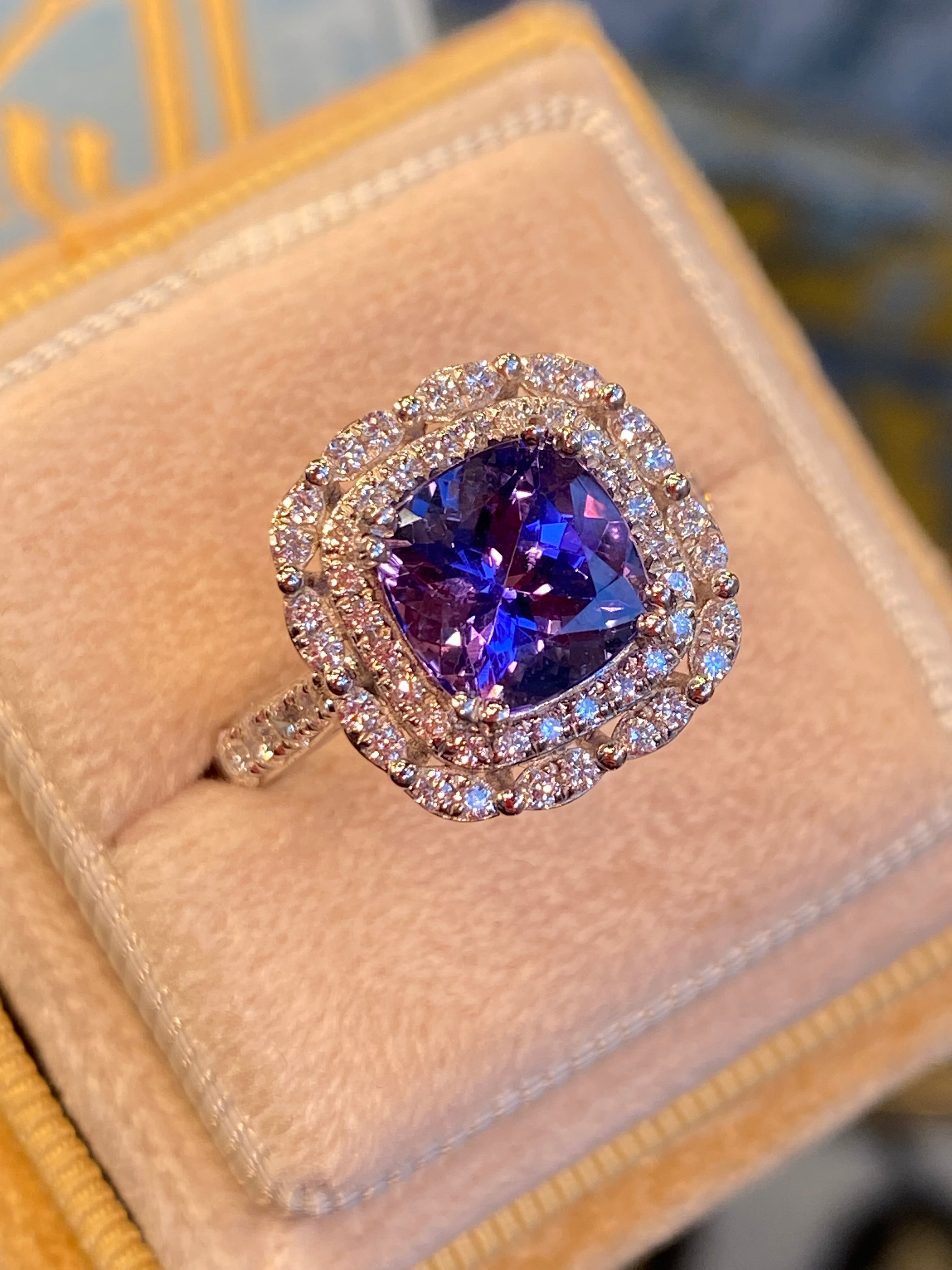 2.36 Carat Cushion Cut Tanzanite and 0.71 ctw Natural Diamond Ring in Platinum