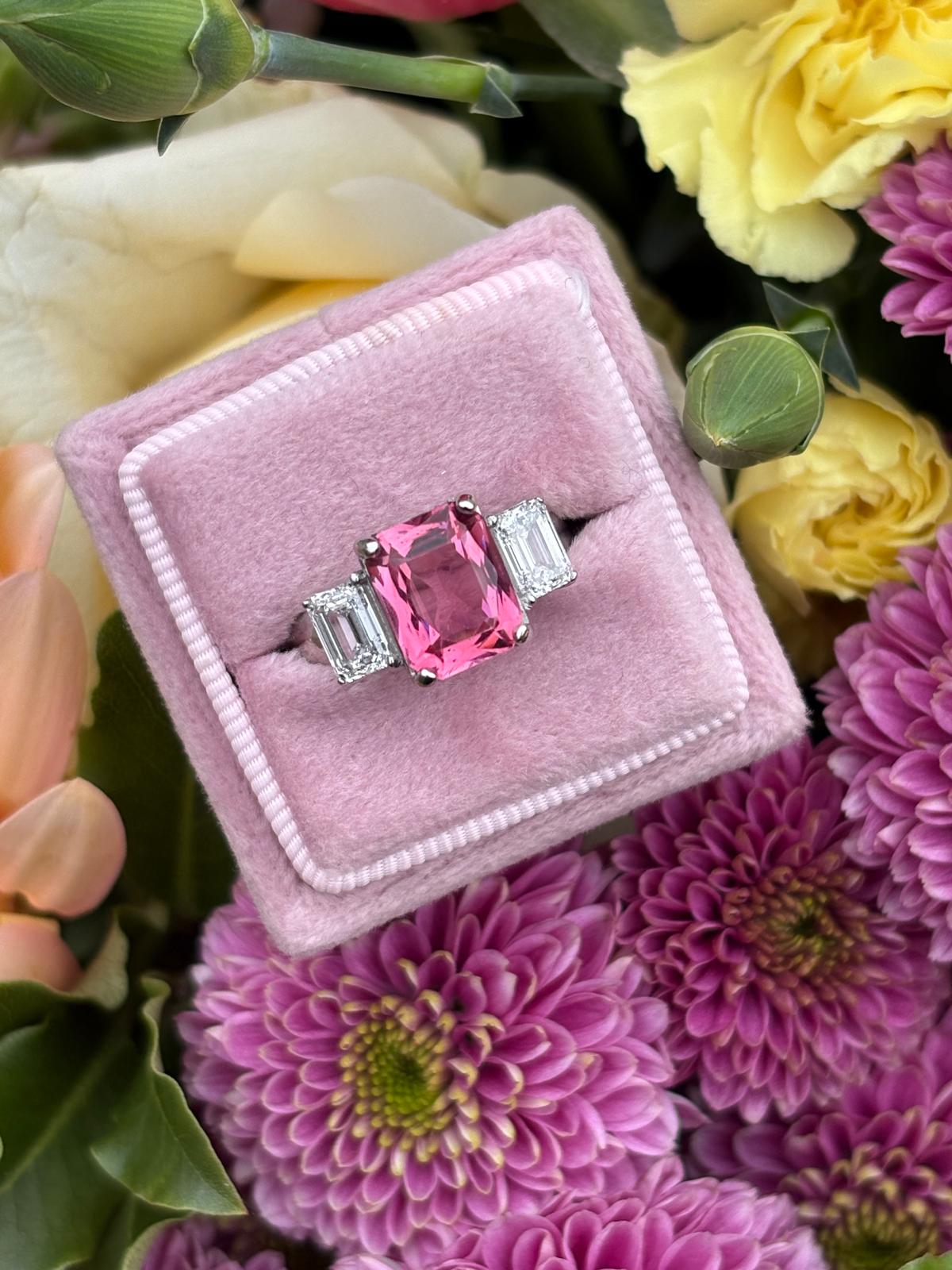 3.45 Carat Pink Tourmaline and 1.34 CTW Lab Diamond Ring in Platinum