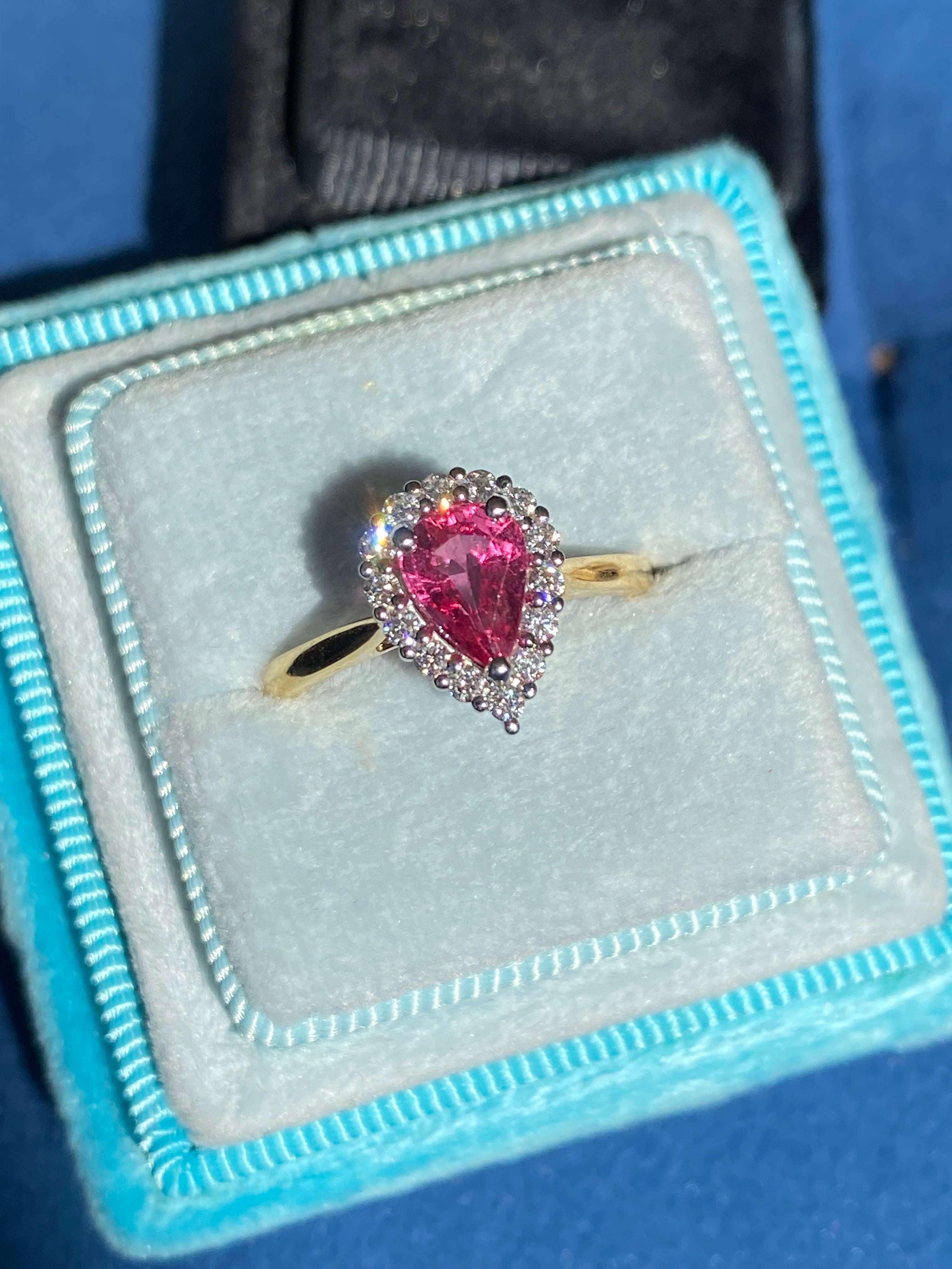 1.28 CTW Pear Cut Ruby and Natural Diamond Ring in Platinum and 18ct Yellow Gold