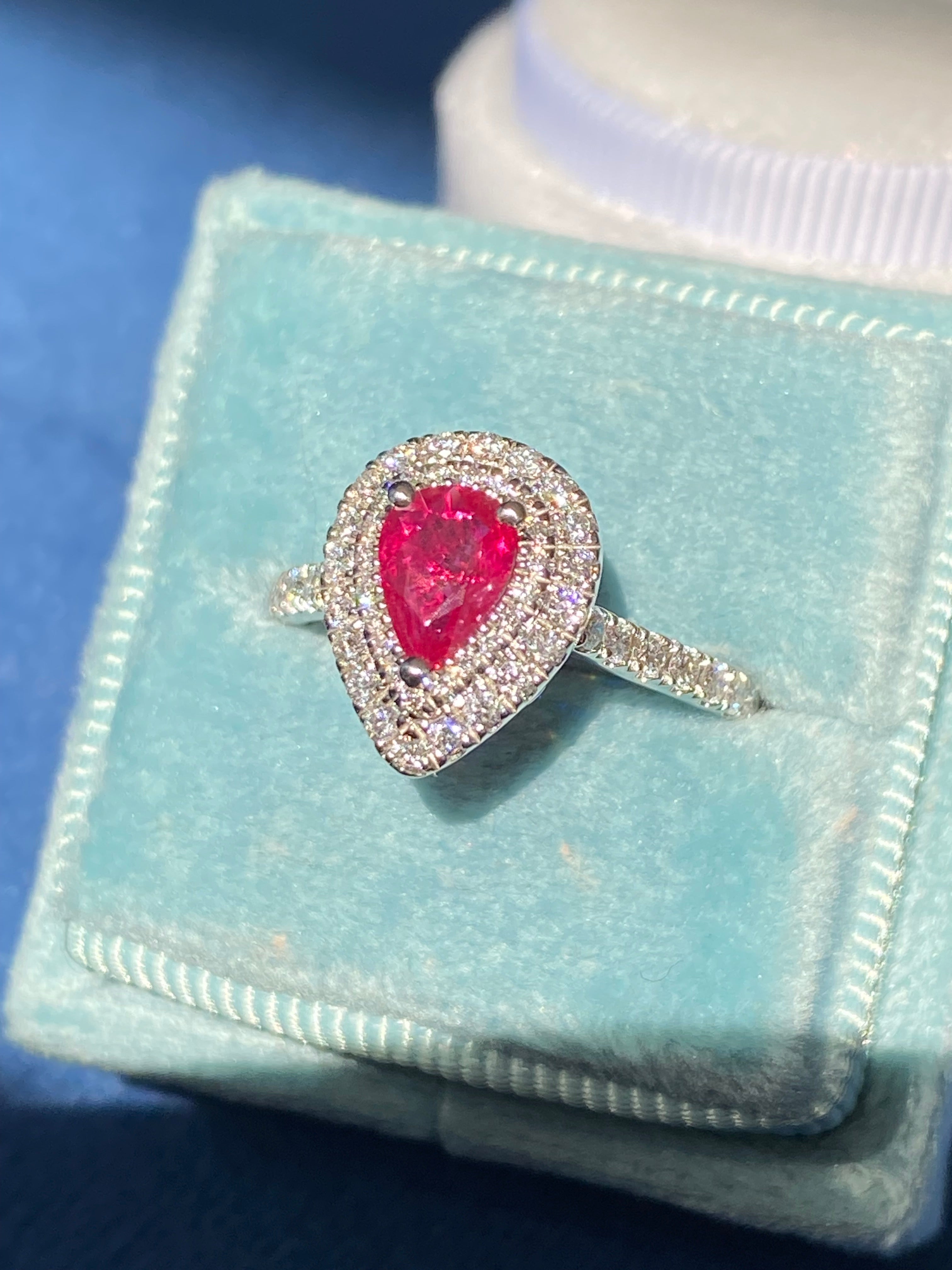 1.16 CTW Pear Cut Ruby and Natural Diamond Ring in Platinum