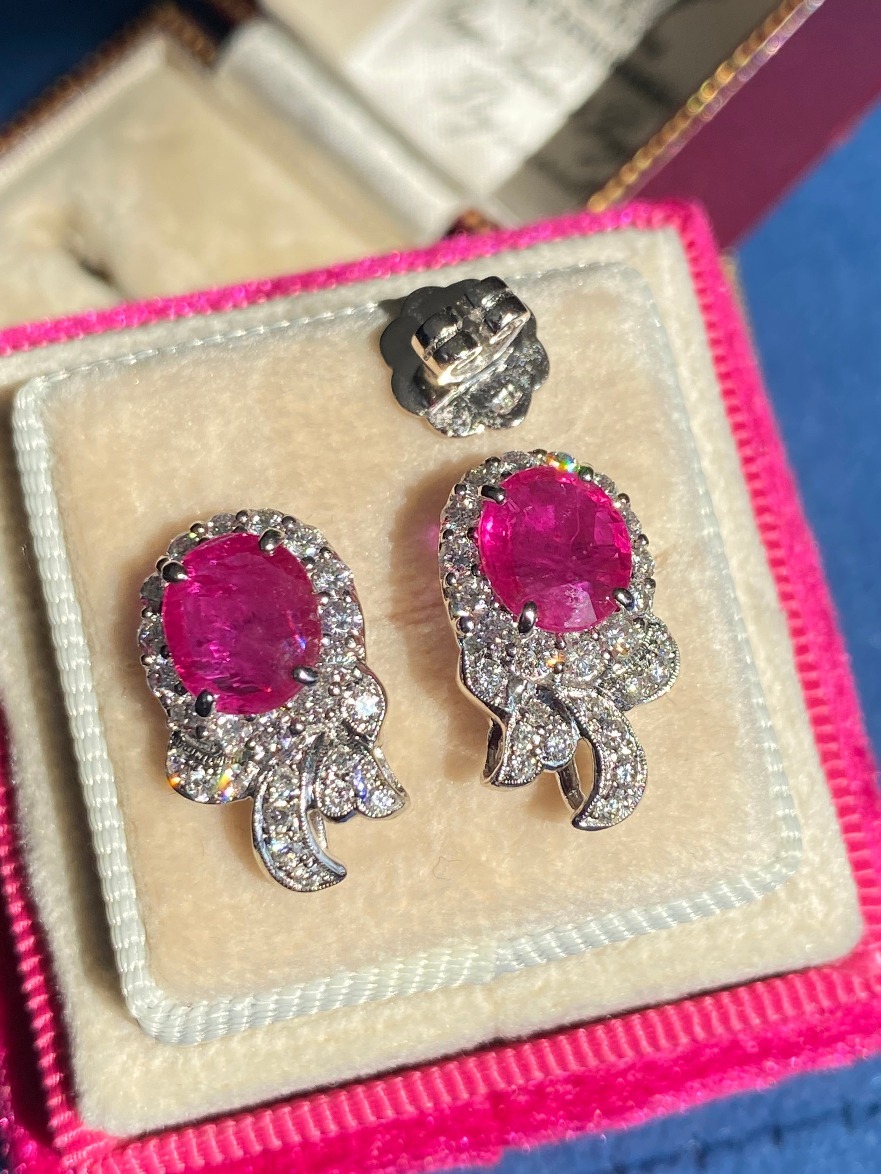 3.98 CTW Vintage Burmese Ruby Stud Earrings in 18ct White Gold