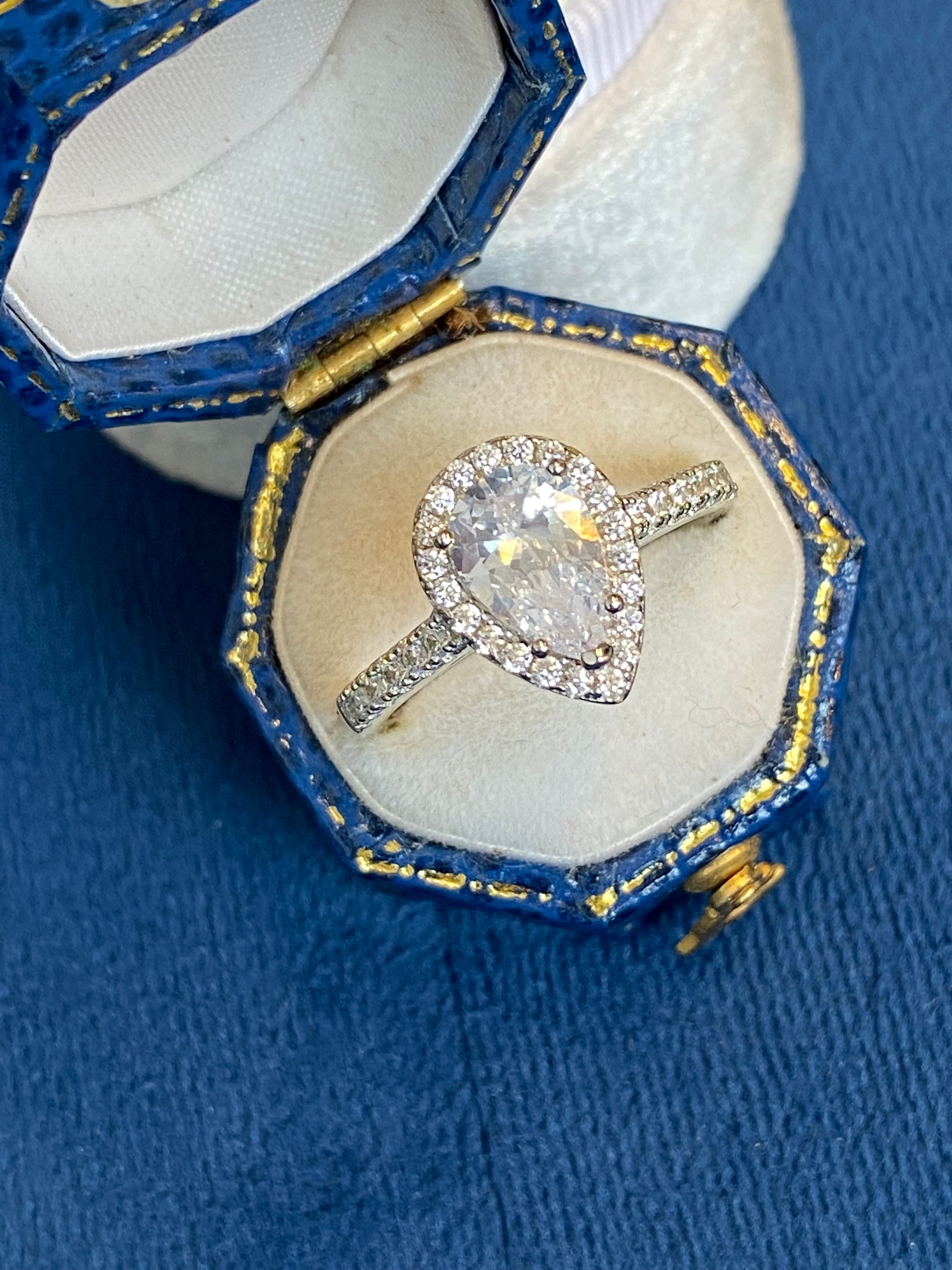 Pear Cut Moissanite Halo Engagement and Wedding / Eternity Ring Set in Sterling Silver