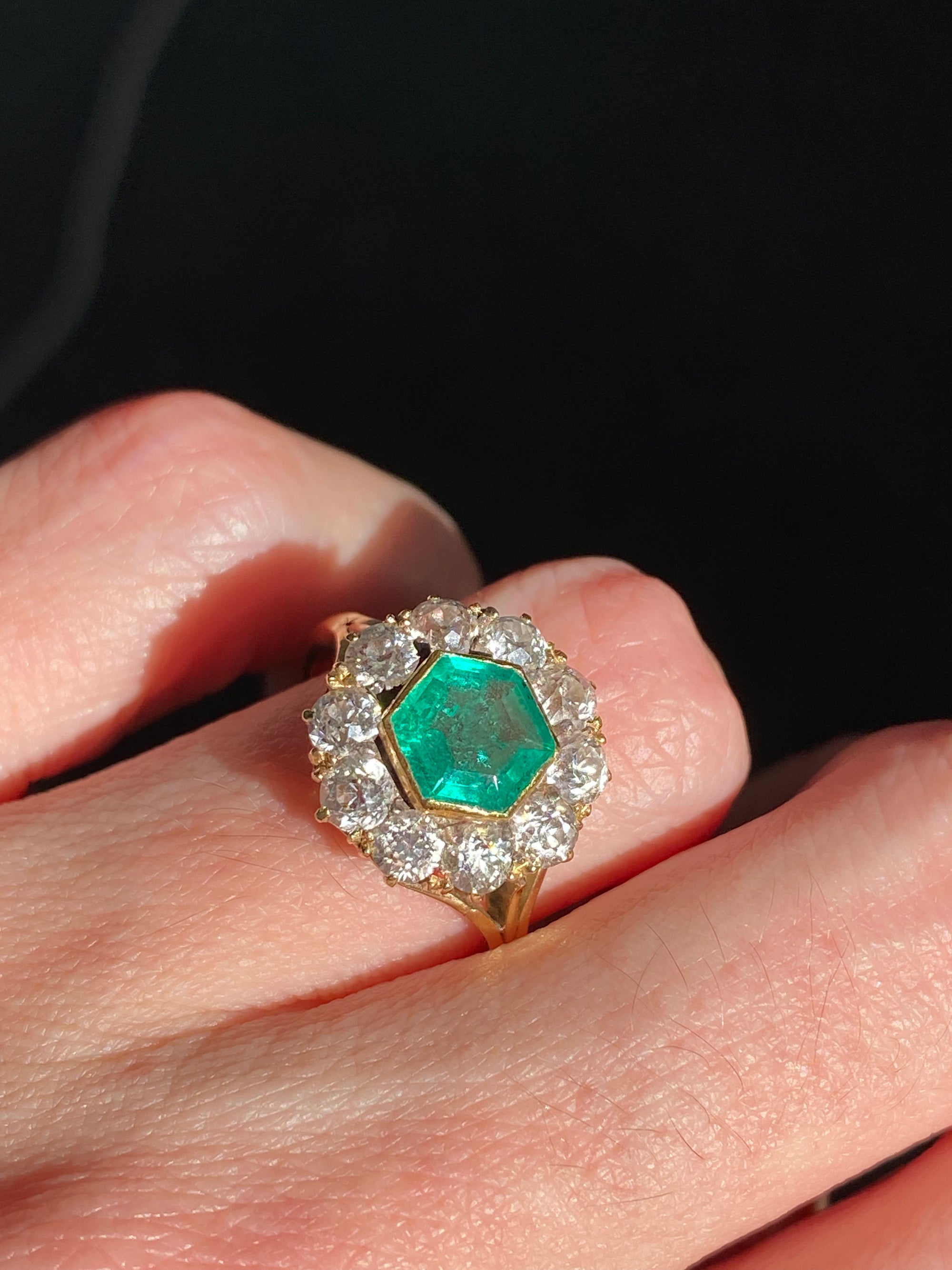 3.00 CTW Colombian Emerald and Old Cut Diamond Halo Ring in 18ct Yellow Gold