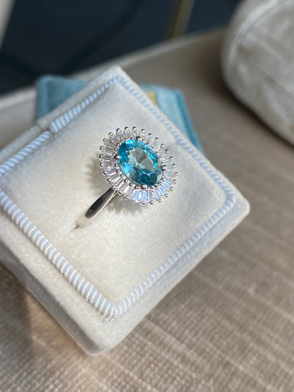 1.70 Carat Blue Zircon and Natural Diamond Starburst Halo Ring in Platinum