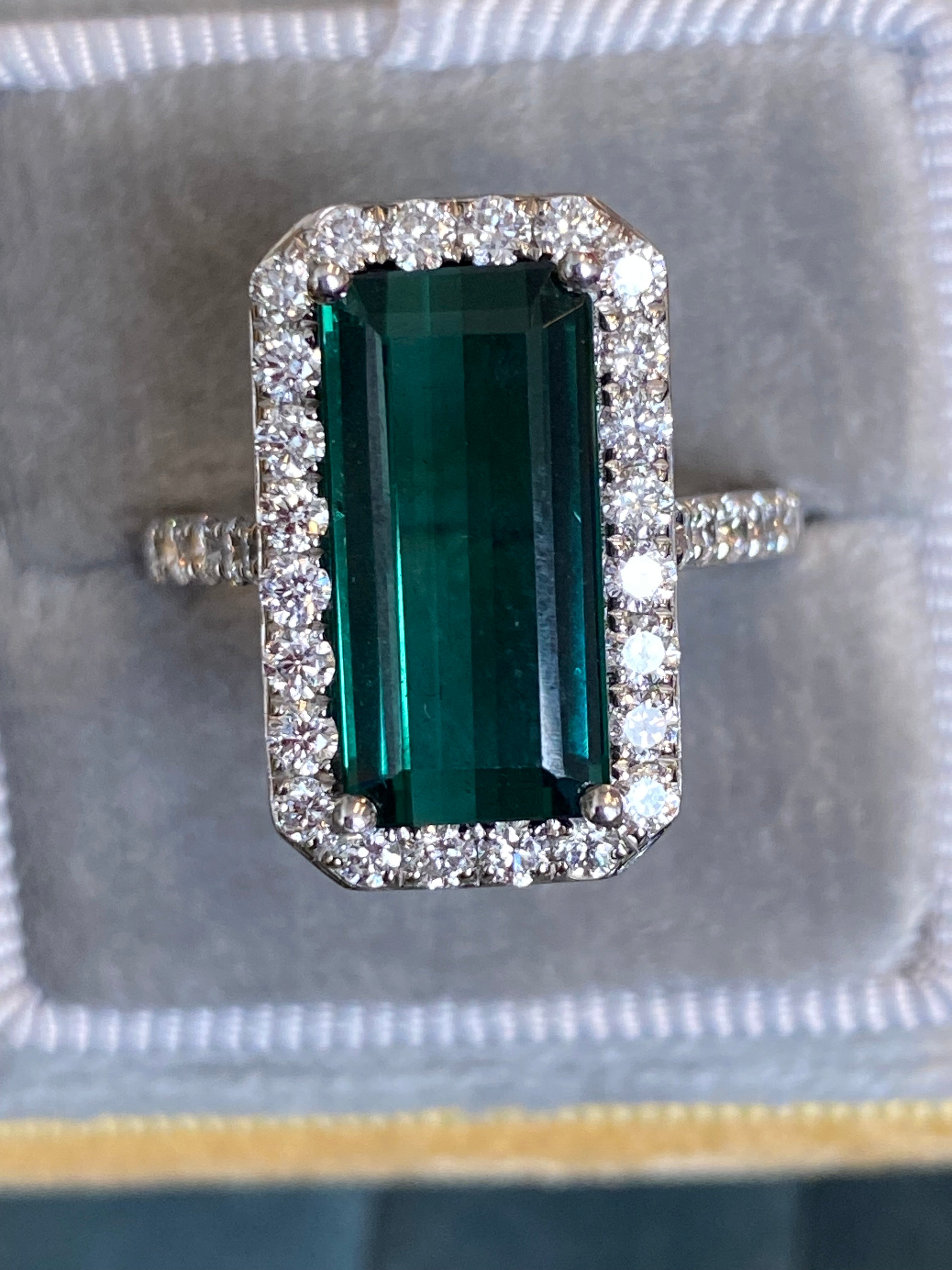 5.28 CTW Emerald Cut Green Tourmaline and Natural Diamond Ring in Platinum