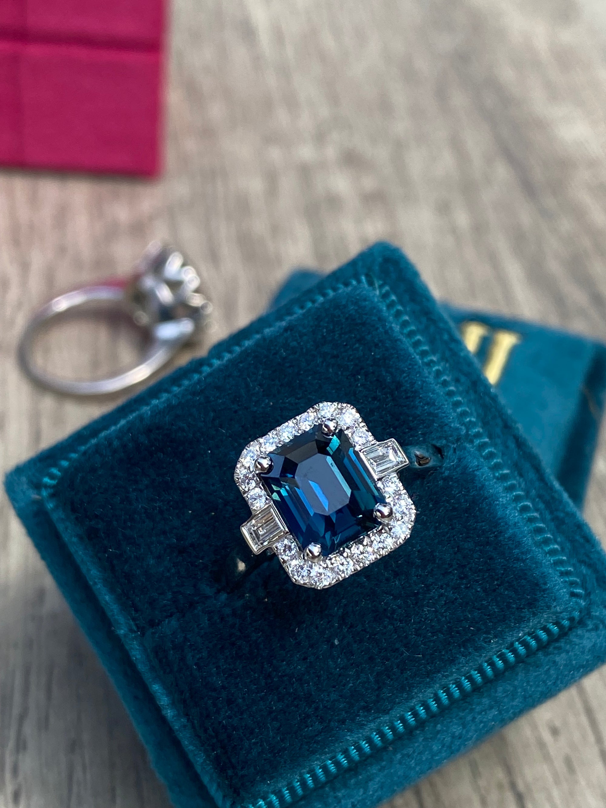 2.52 Carat Emerald Cut Teal Sapphire and Natural Diamond Halo Ring in Platinum