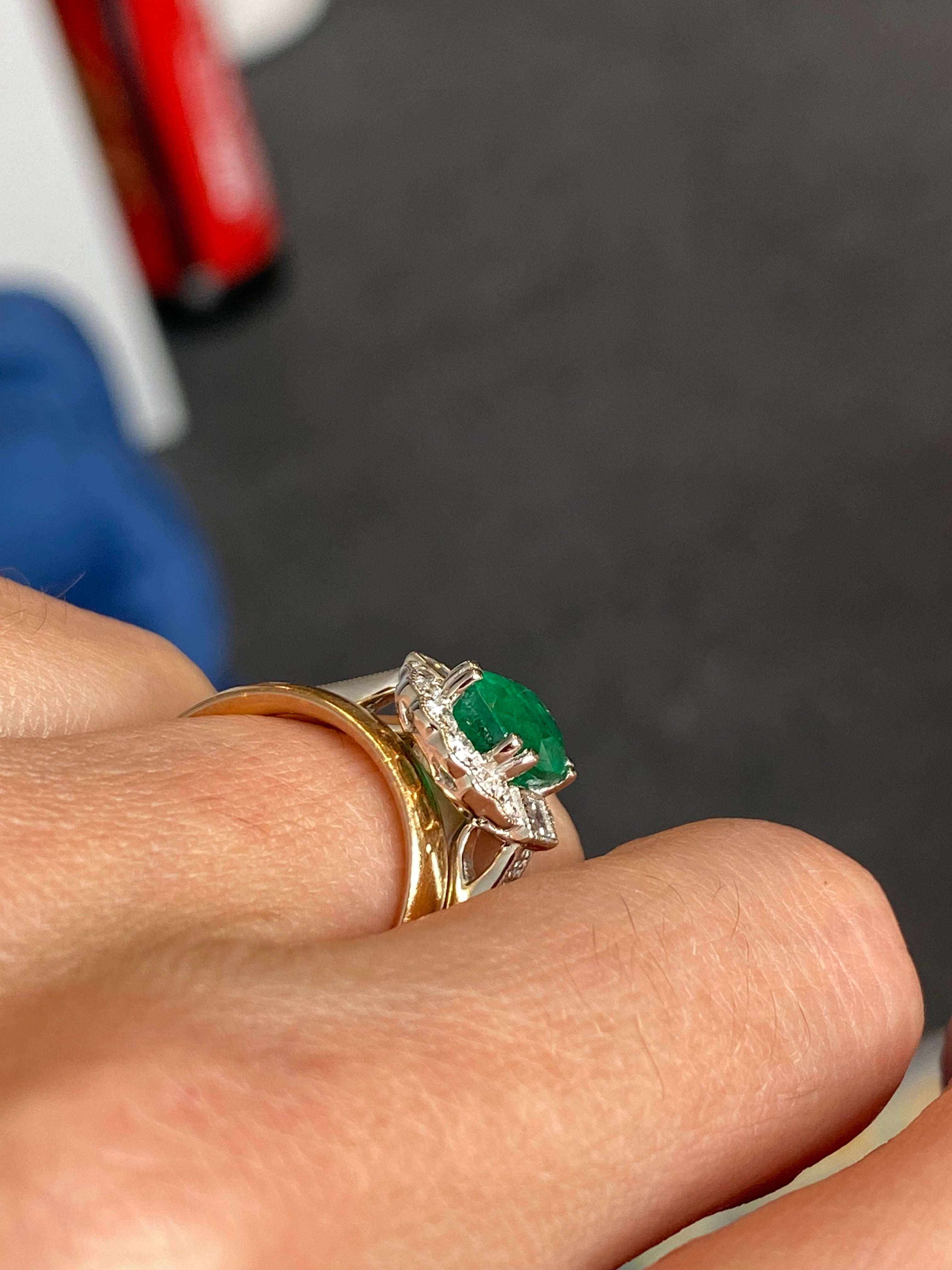 2.02 Carat Cushion Cut Emerald and 0.65 CTW Natural Diamond Halo Ring in Platinum