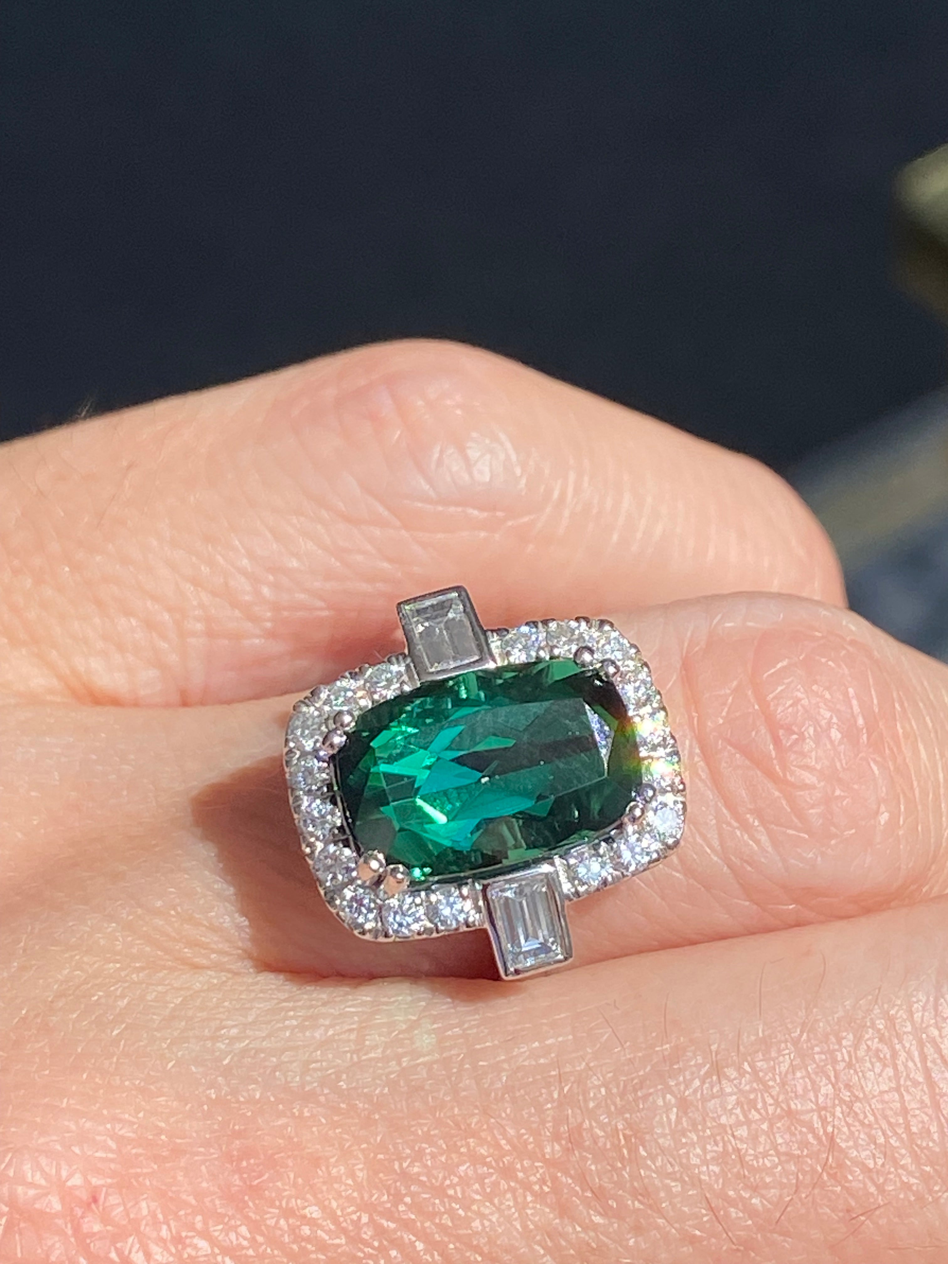 6.35 CTW Cut Teal Tourmaline and Natural Diamond Ring in Platinum
