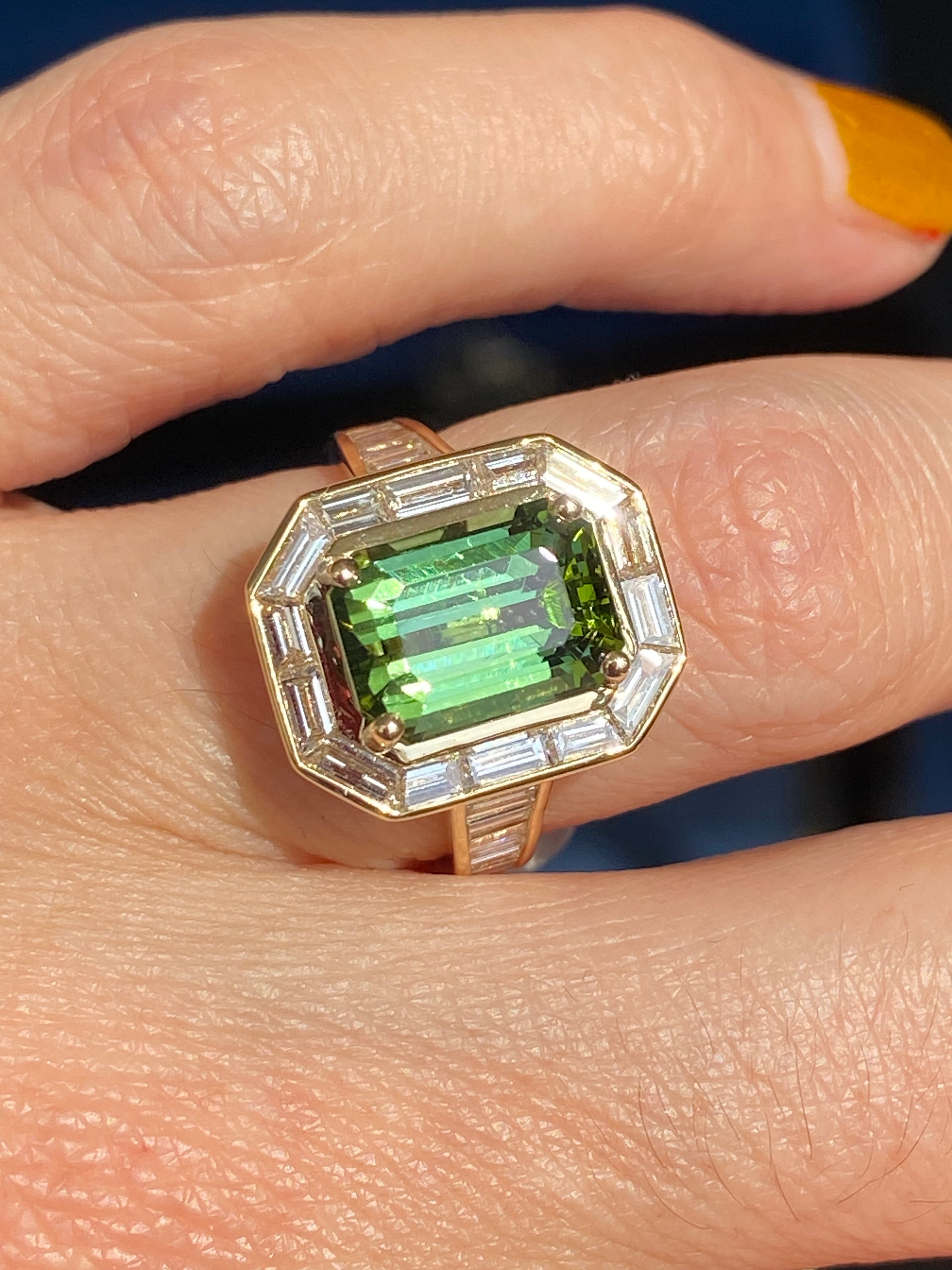 3.85 Carat Green Tourmaline and 1.84ctw Natural Diamond Ring in 18ct Yellow Gold