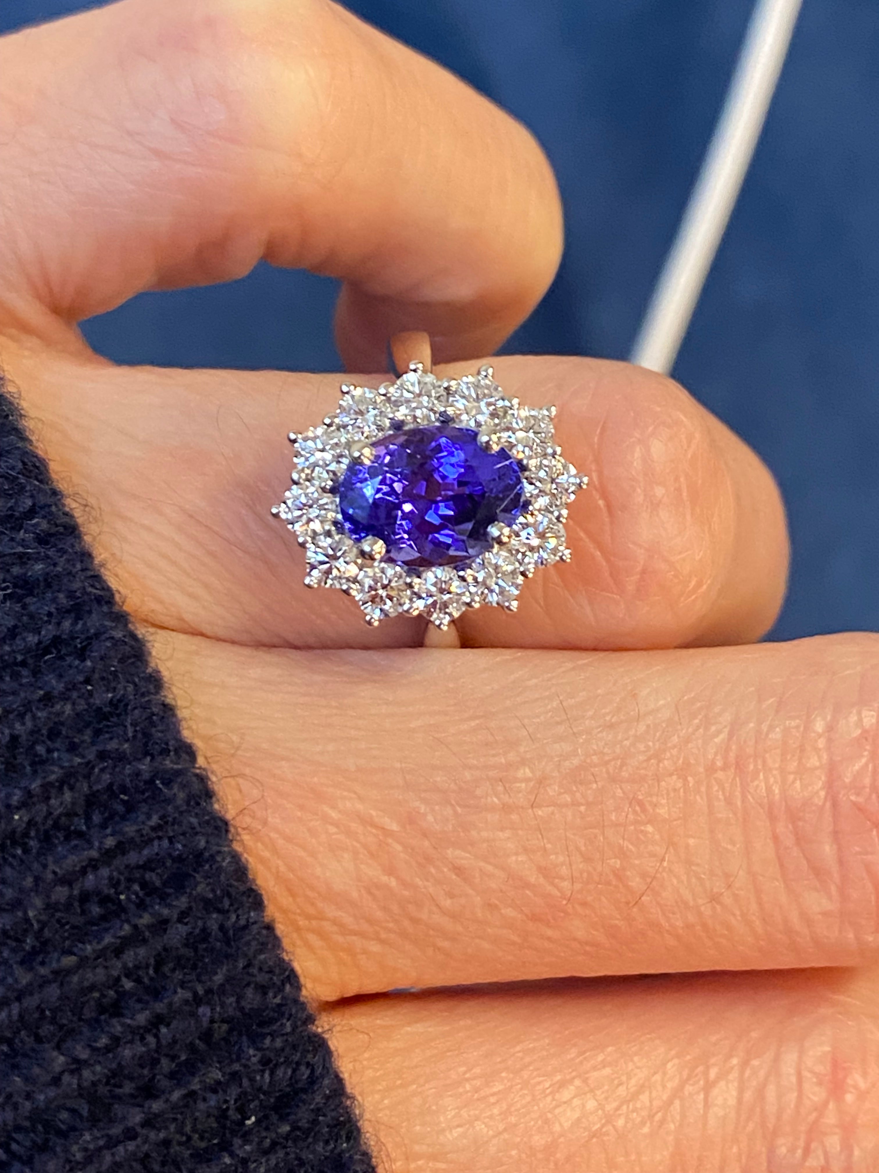 2.37 Carat Oval Cut Tanzanite and 0.93 ctw Natural Diamond Ring in Platinum