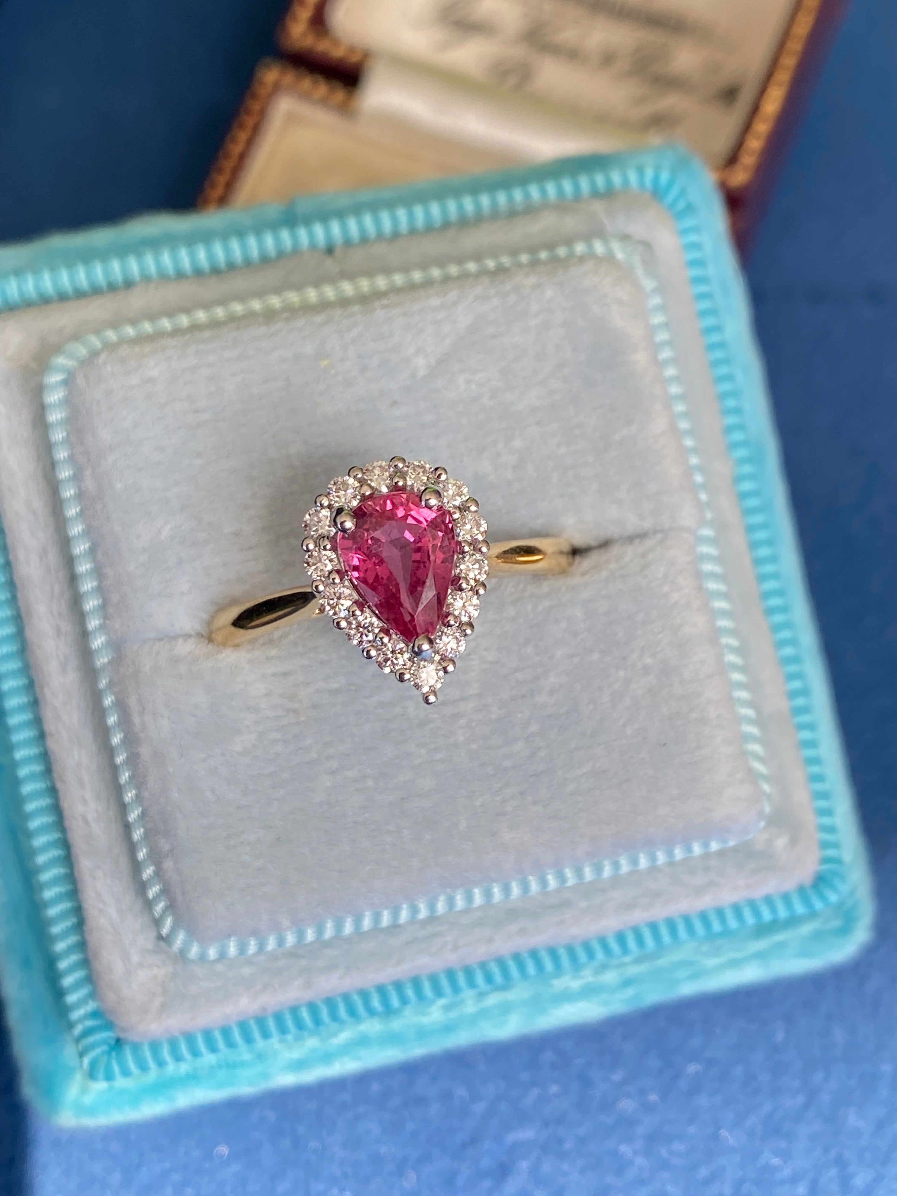 1.28 CTW Pear Cut Ruby and Natural Diamond Ring in Platinum and 18ct Yellow Gold